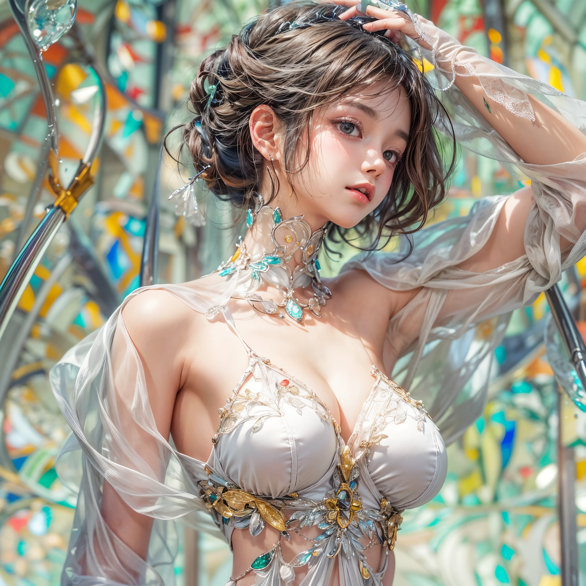 ( Masterpiece, White and vivid colors, (Exposed:1.2), (nipple:-0.9)), (((Renbutsu Misako|Misako Renbustu))), ((face variations)), { Navel | pretty Ass }, portrayed in the best quality and high resolution. The image should be ultra-detailed, realistic, and photorealistic with a touch of rawness. concept art. The color tone should be vibrant and vivid, enhancing the overall visual impact. (Whole Body proportions and all limbs are anatomically accurate), (Vivid Colorful light shines through the delicate stained glass). delicate limbs, Detail of sparkling oiled ivory skin, (short Bob, delicate wear), Whole Body proportions and all limbs are anatomically accurate .