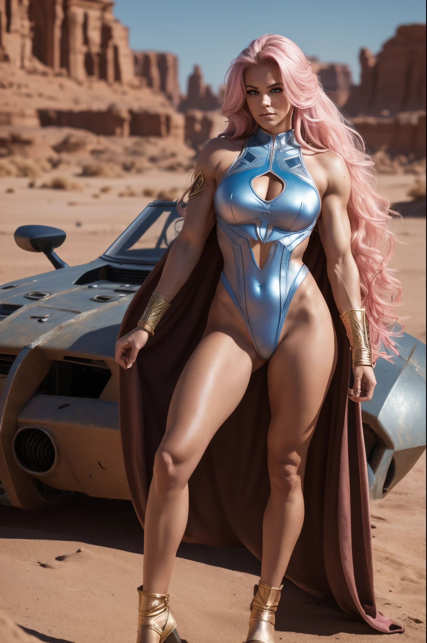 VALKYRIE BOMBSHELL , WARRIOR FEMALE, HUGE LONG HAIR, PINK HAIR, ROSY SKIN, BLUE EYES, EVES EARS, ATLETIC BODY, MUSCLES, EXPOSED TIGHS, MUSCLES, LIGHT BLUE BODYSUIT, THONG LEOTARD, DRAPED FABRIC, GOLD BRACELETS, SIDE VIEW, ROMANTISM, SCI-FI IMAGE, DESERT, RIVER, SUN, MASTERPIECE