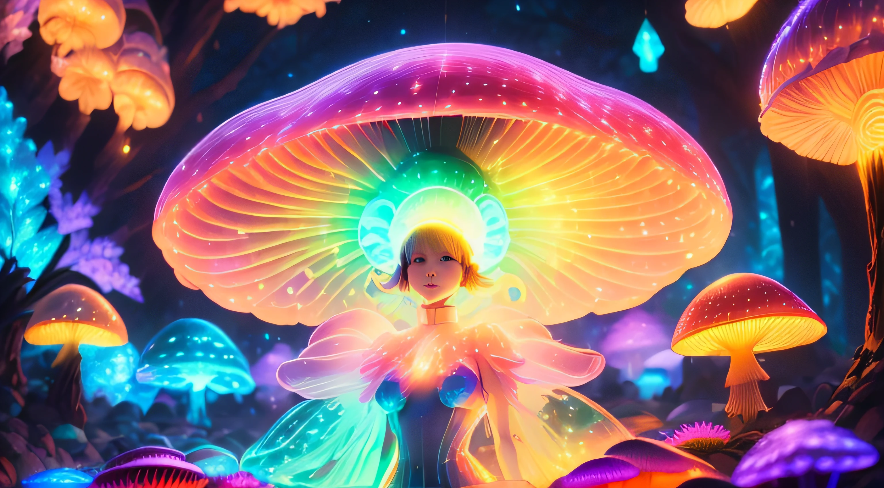 (meilleur qualité, ultra-détaillée, 16k, couleurs vives, Bokeh) le corps est entièrement constitué de champignons Champignons bioluminescents, une fille aux champignons, couleurs éclatantes, fantaisie, Créatures magiques, spores colorées et vaporeuses, illumination éthérée, lueur douce, Des ombres enchanteresses, spectacle surnaturel