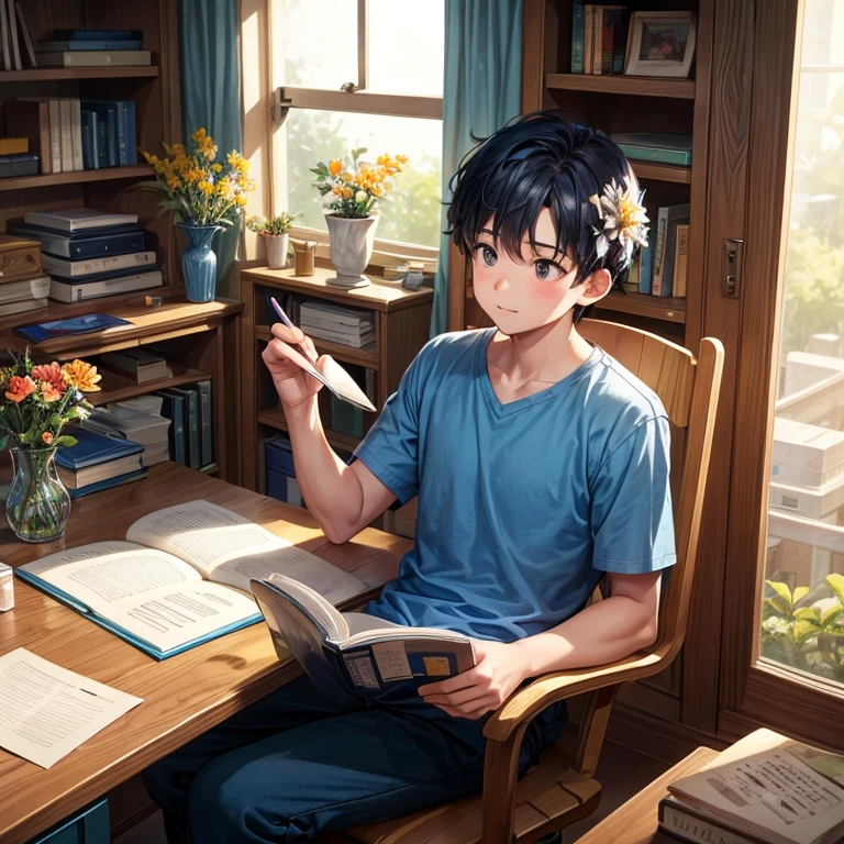 A boy with blue shirt and half orange pant, reading a book in his desk beside the window, the bird flying in the sky , in his desk were pen holder, some books, a clock and a flower vase