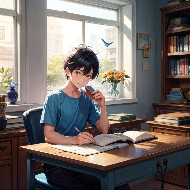 A boy with blue shirt and half orange pant, reading a book in his desk beside the window, the bird flying in the sky , in his desk were pen holder, some books, a clock and a flower vase