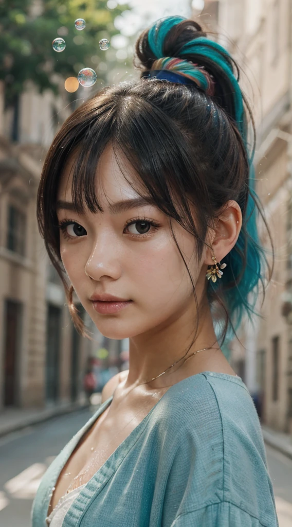 (masterpiece), (best quality), (ultra detailed),(disheveled hair),(illustration), (1girl), (Fashionable clothing), standing, Fashion model, looking at viewer, (interview), (simple background),beautiful detailed eyes, delicate beautiful face, Floating,(high saturation),(colorful splashes),colorful bubble,(shining), focus on face, ponytail, kamisato ayaka, light blue hair, bangs, hair ring, floating flowers, floating hairs, (shining), best lighting, best shadow,