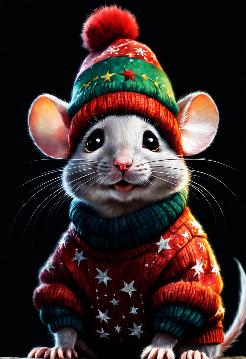 (masterpiece), 8k, UHD, HDR, best quality, digital art, cinematic quality, movie story, portrait, art, realistic art, digital illustration, bright rich colors, watercolor, oil paints, alcohol inks, black background,
   Image of a tiny adorable anthropomorphic furry chibi anthropomorphic mouse wearing a turtleneck and hat, sitting near a Christmas tree, fully decorated, nearby, starry sky, cgsociety, amazing, complex, hyper-detailed, beautiful, fantasy, Mysterious, Gabriele Dell'otto Style, AI Midjourney,