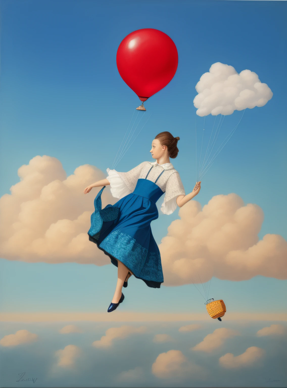 painting of a woman flying with balloons and a cat, inspirado em Rafal Olbinski, inspirado em Esao Andrews, Directed by: Géza Udvary, Directed by: Svetlin Velinov, inspirado em Michael Cheval, Directed by: Géza Mészöly, inspired by Grytė Pintukaitė, she is floating in the air