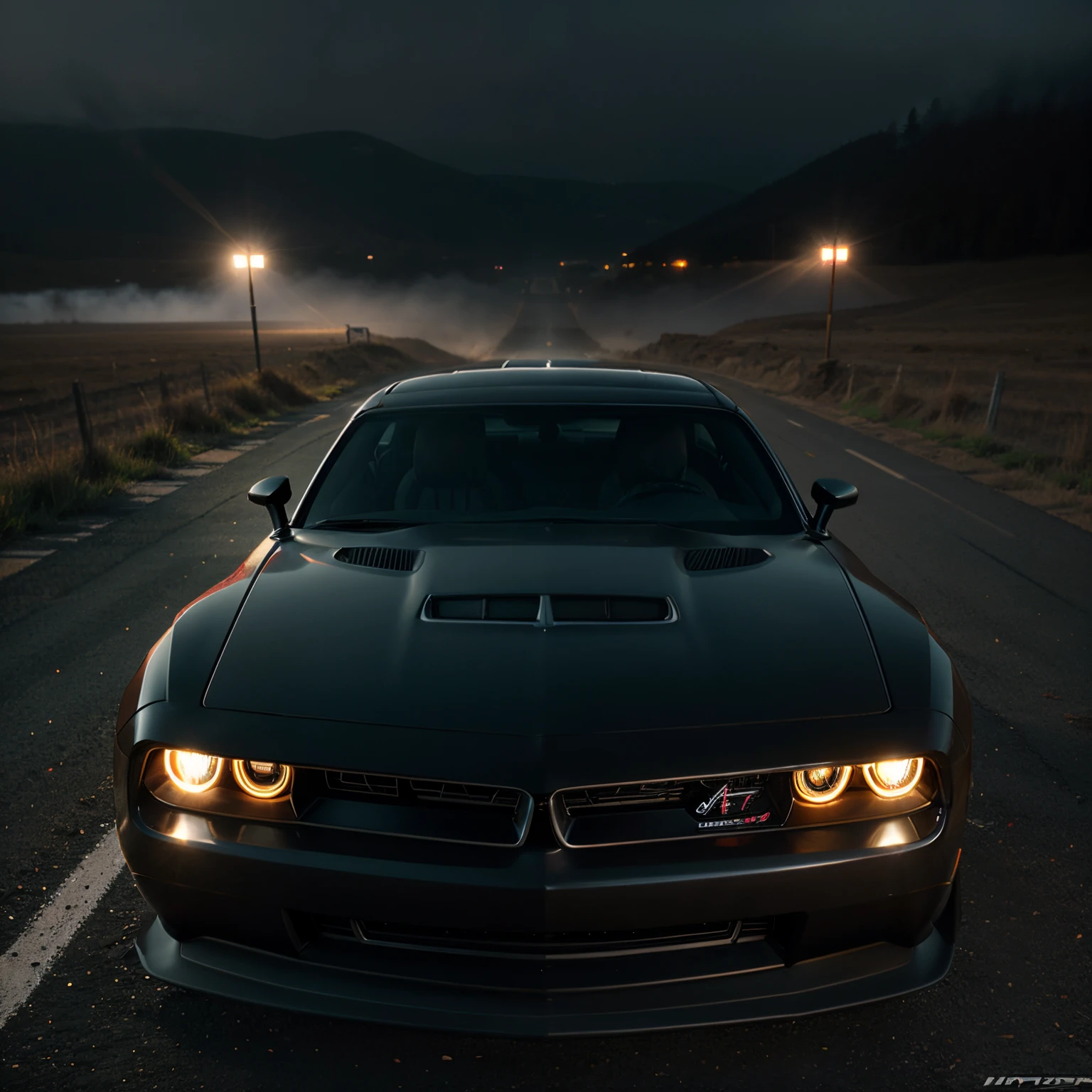 Hell Cat Challenger supercar in Foggy atmosphere , It's almost Dark, the car lights on, ultra realistic landscape