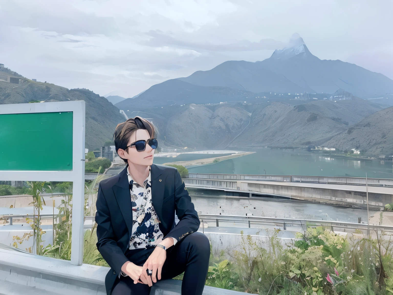 There is a man sitting on the wall next to a sign, cai xukun, Ash Thorpe Kezier Salim, river in front of him, Hentai, With mountains as a backdrop, mountain in background, Strike a cool pose, With mountains as a backdrop, kizilsalim, In the mountains, mountain range in background, with sunglass