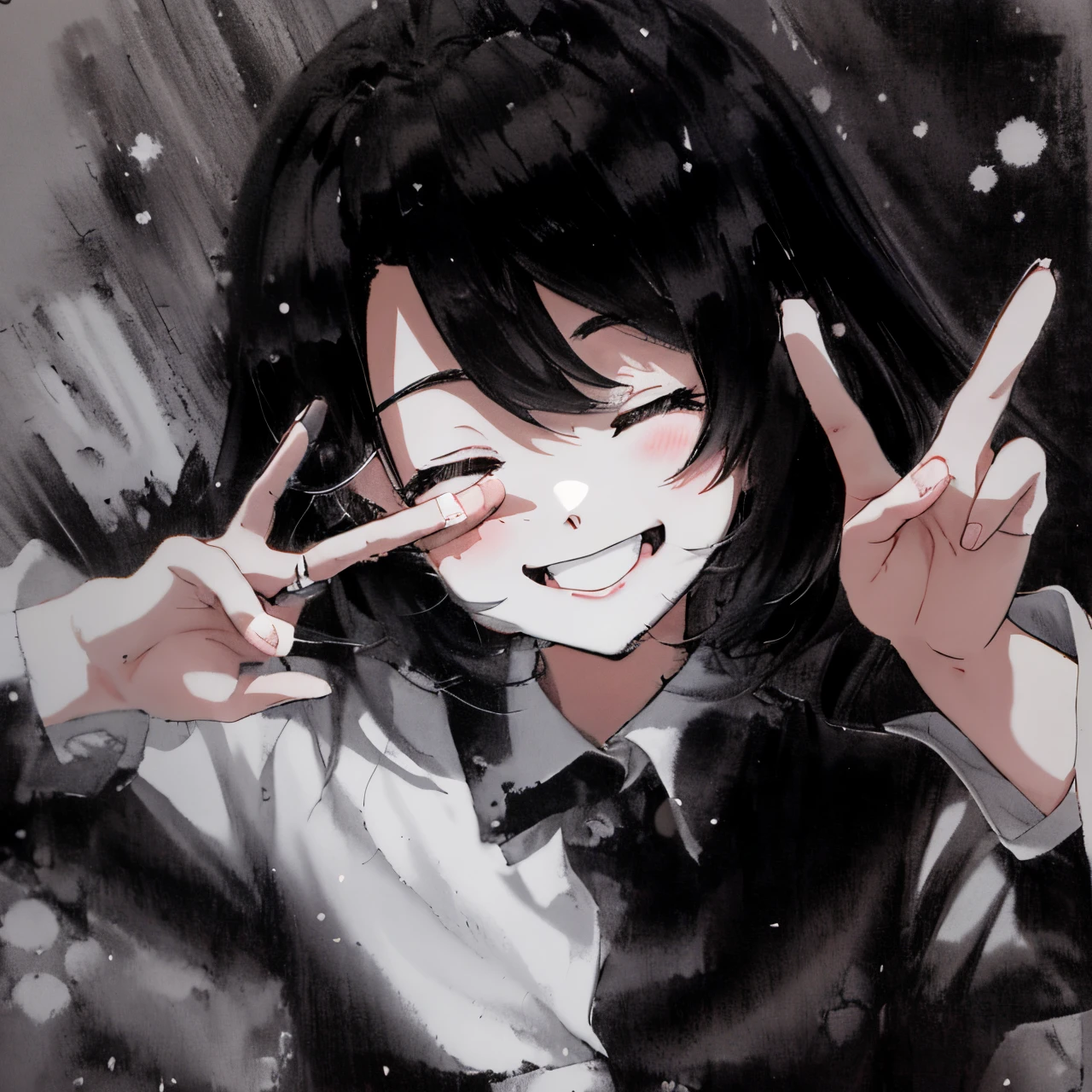 in the style of Chi no Wadachi, manga style, black and white, a girl standing, wearing a light shaded school uniform reaching making peace sign with fingers in front of eye, surrounded by darkness, black hair, shadow over eyes, hair in eyes, perfect hand, face, (((closed eyes, happy)))