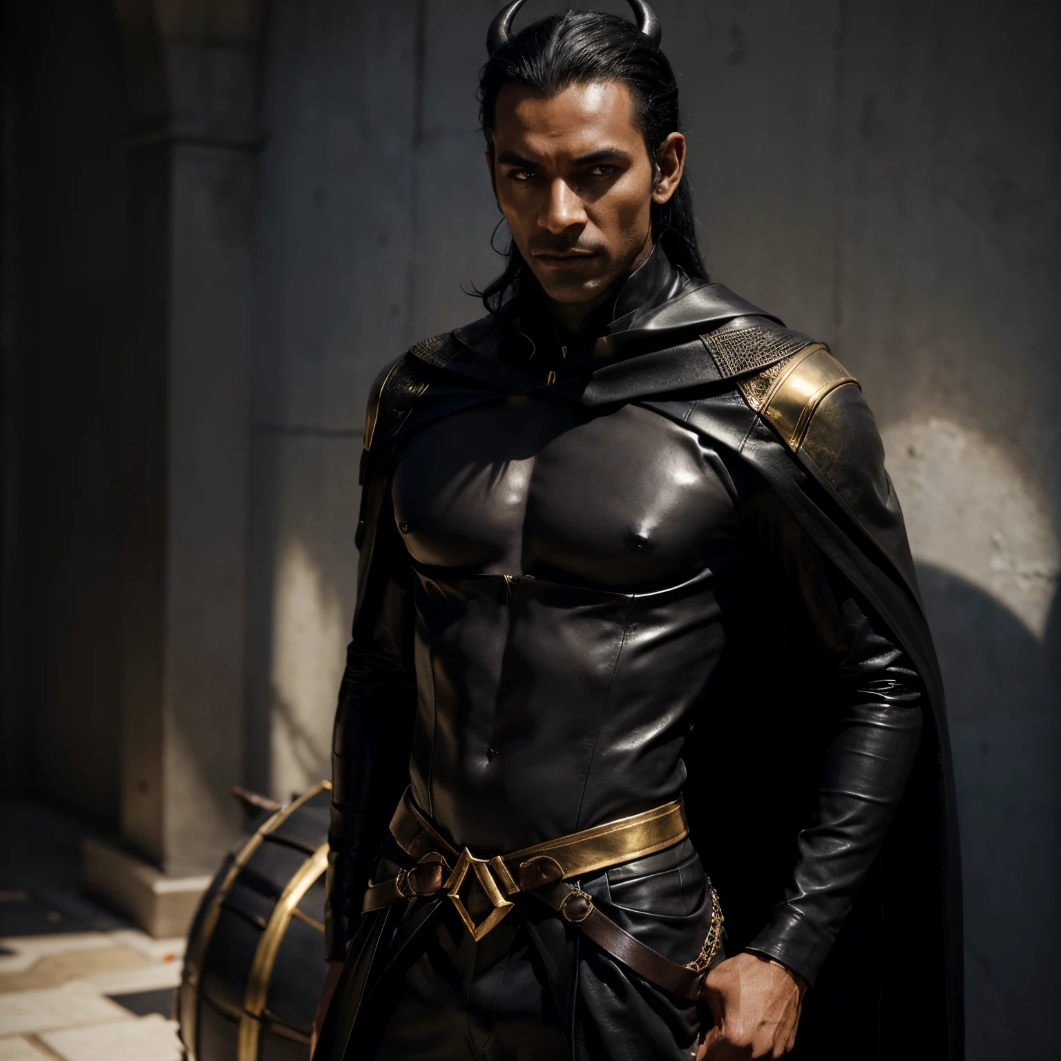 Tall and lean, Mordekai is a striking Tiefling with jet-black skin and two long, curved horns protruding from his forehead. His sharp, golden eyes hold a glint of mischief, while his sleek, black hair cascades loosely down to his shoulders. He adorns himself in a dark leather outfit that fits perfectly with his shadowy persona.