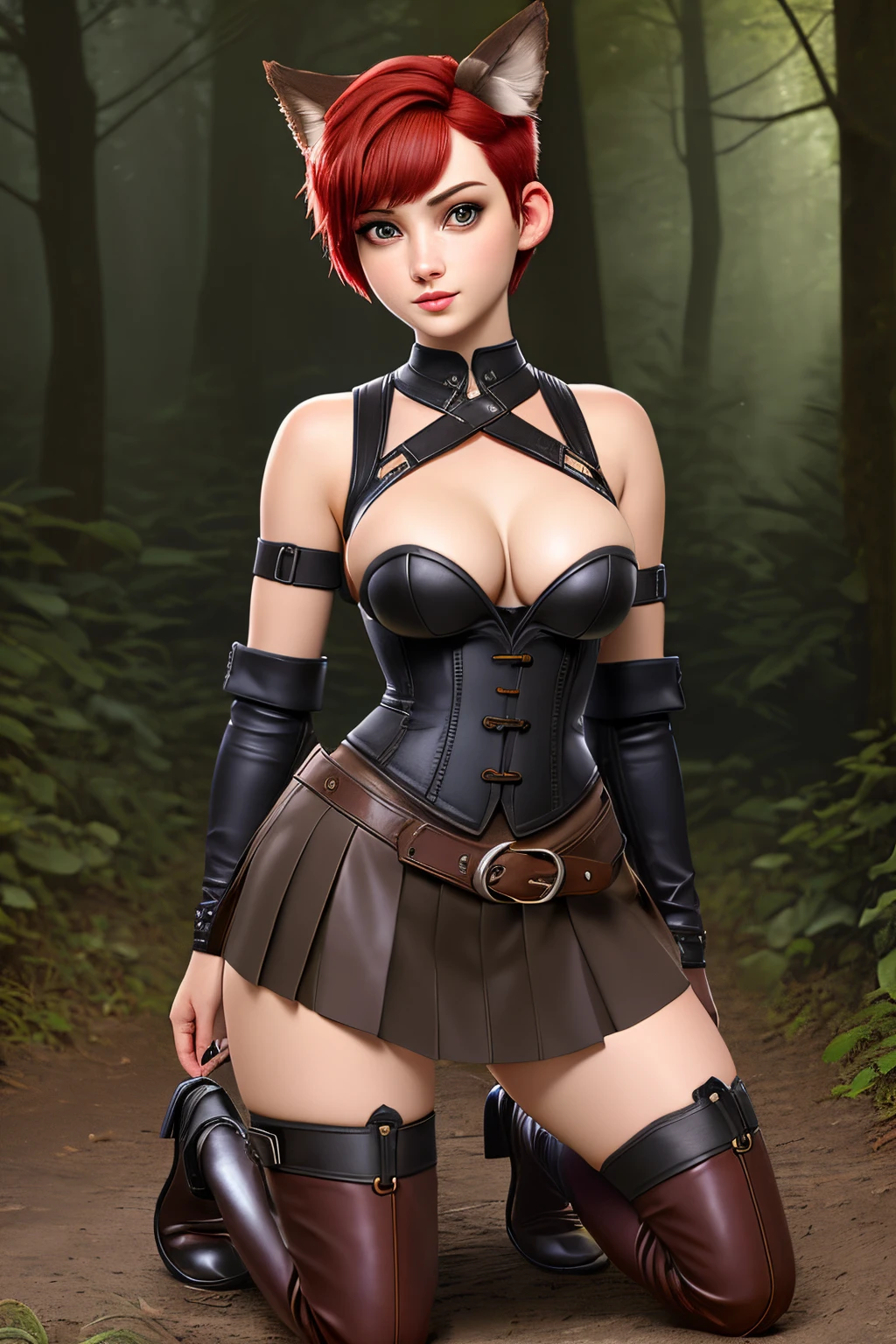 Beautiful 1girl in, full body, ager, Solo, (short pixie cut Hair, undercut red hair: 1.28), ((light gray eyes)), some small freckles, (dark fox ears: 1.35), pale skin, medium breasts, cleavage, (thin hips, thin waist: 1.25), (arched back:1.12), detailed skin, shy smile, (revealing clothes, brown leather, cropped corset, skirt, thigh high boots, buckles, straps, pouches, green fabric, brown leather: 1.1), (action shot, kneeling: 1.21), (detailed magical forest background:1.1), creek, overlooking opening in forest, relaxing, 4k textures, soft light, elegant, highly detailed, sharp focus, soothing tones, insane details, intricate details, hyperdetailed, high contrast, hdr