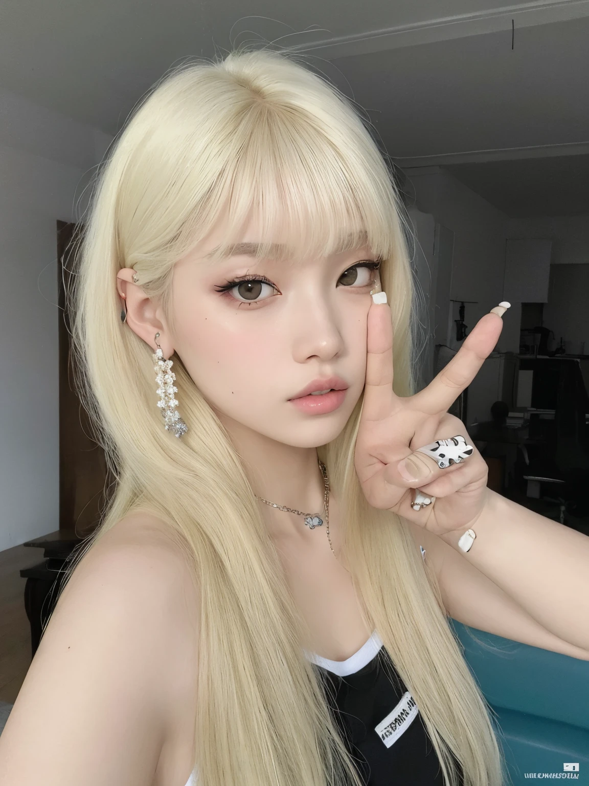 menina loira com cabelos longos e piercings fazendo um sinal de paz, Lalisa Manobal, longos cabelos brancos e franja, branco hime corte penteado, Lalisa Manoban do Blackpink, franja branca, very very pale blond hair, Parque Roseanne do Blackpink, extremely pale blond hair, Ulzzang, com cabelos longos brancos, com franja completa, com longos cabelos brancos