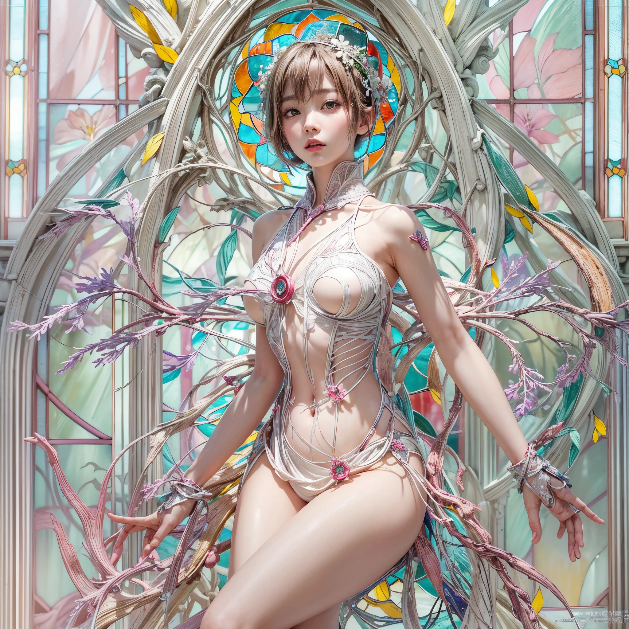 ( Masterpiece, White and vivid colors, (Exposed:1.2), (nipple:-0.9)), (((Renbutsu Misako|Misako Renbustu))), ((face variations)), { Navel | pretty Ass }, portrayed in the best quality and high resolution. The image should be ultra-detailed, realistic, and photorealistic with a touch of rawness. concept art. The color tone should be vibrant and vivid, enhancing the overall visual impact. (Whole Body proportions and all limbs are anatomically accurate), (Vivid Colorful light shines through the delicate stained glass). delicate limbs, Detail of sparkling oiled ivory skin, (short Bob, delicate wear), Whole Body proportions and all limbs are anatomically accurate .
