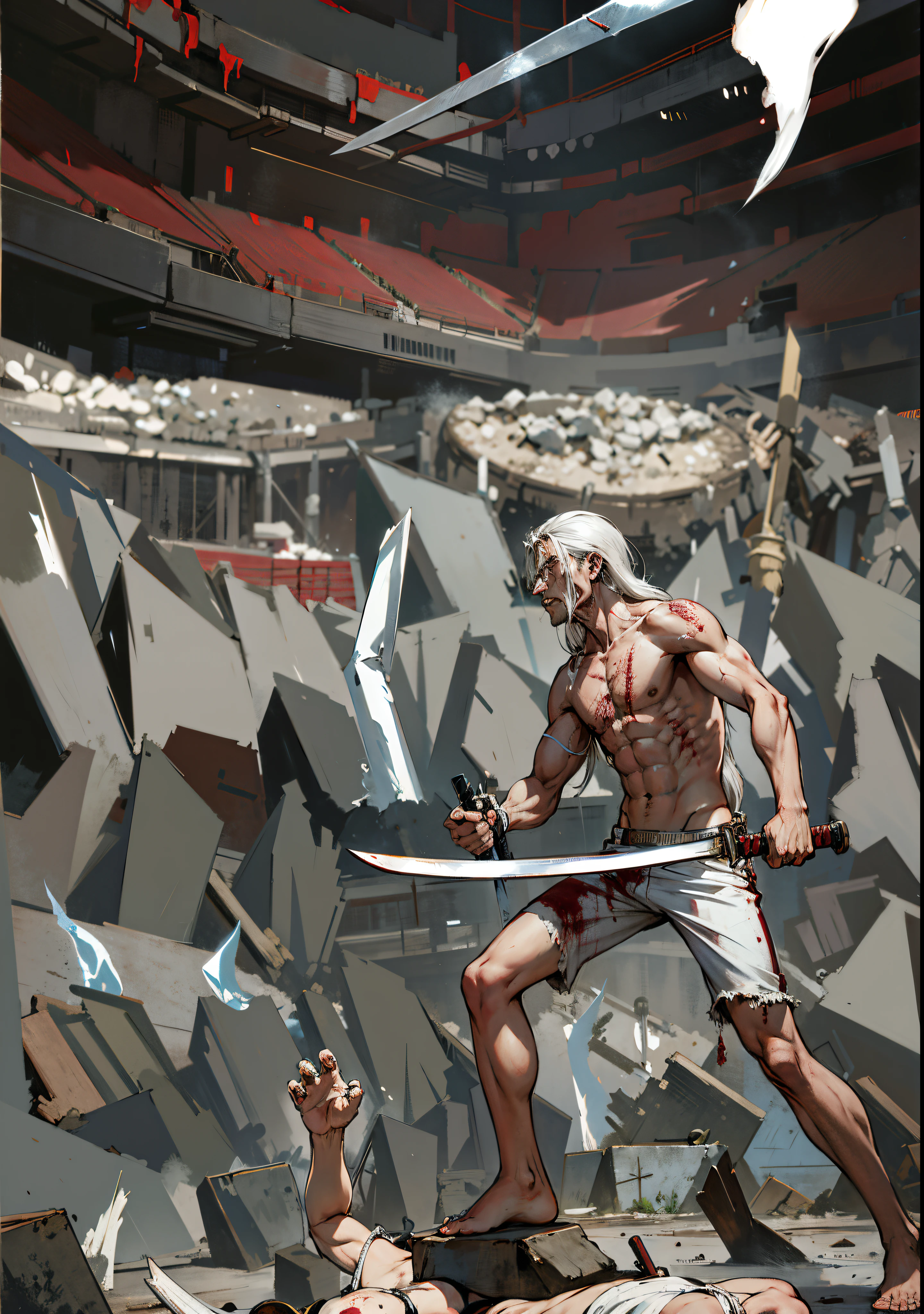 standing with his bloodied sword in one hand and a dripping human heart in the other. He’s standing over a bunch of dead bodies and in the background it’s a stadium seating full of more dead bodies; standing with his bloodied sword in one hand and a dripping human heart in the other. He’s standing over a bunch of dead bodies and in the background it’s a stadium seating full of more dead bodies; heart blooded with his right hand and katana with his left hand, white long hair, long hair, body, musle, without clothes,