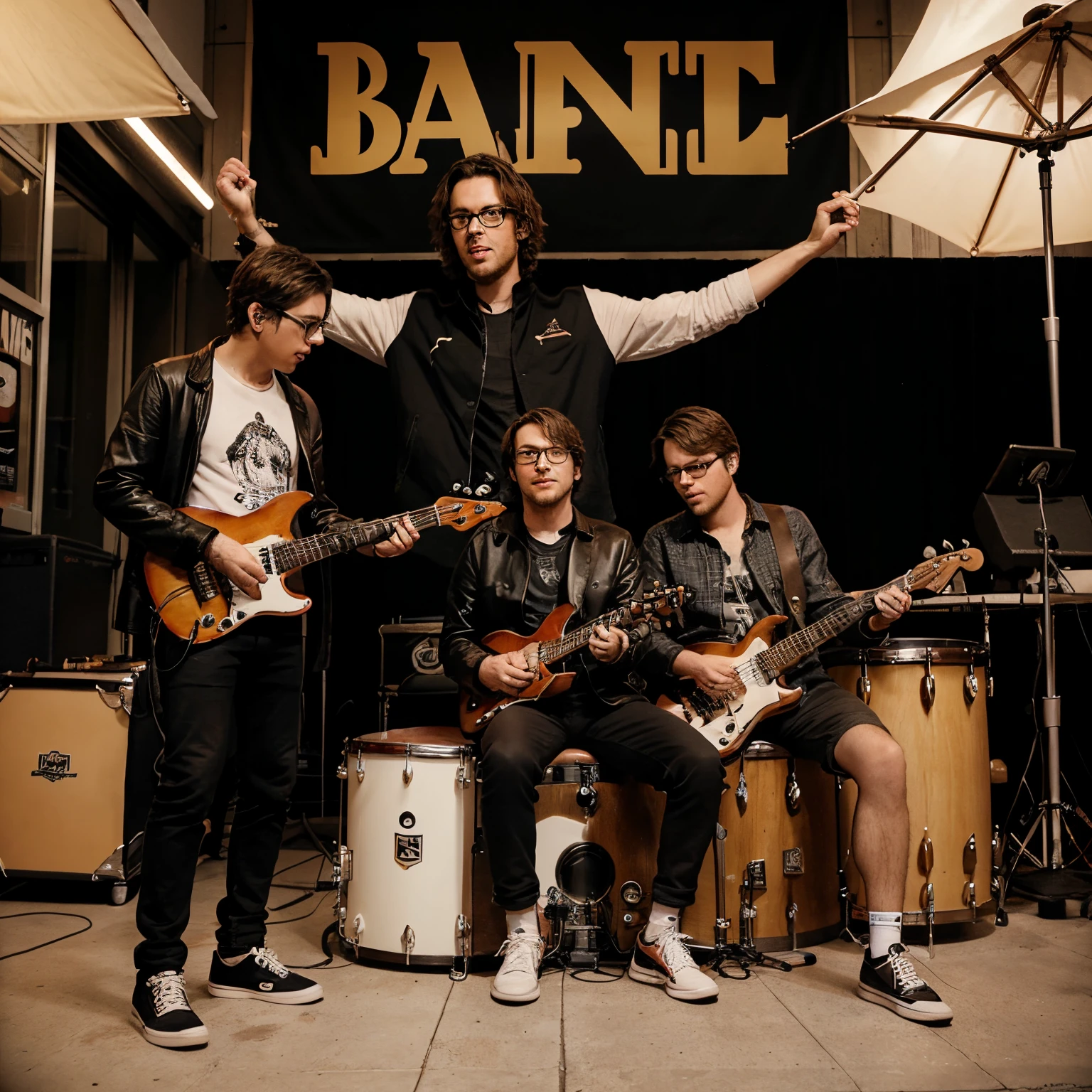 band poster of 3 male band mates. the lead singer wears glasses and is sitting in the front and center holding a guitar. his 2 band mates are standing behind him with blurry faces. one is holding a bass guitar and the other is holding drum sticks. the angle of the poster is from the ground up.