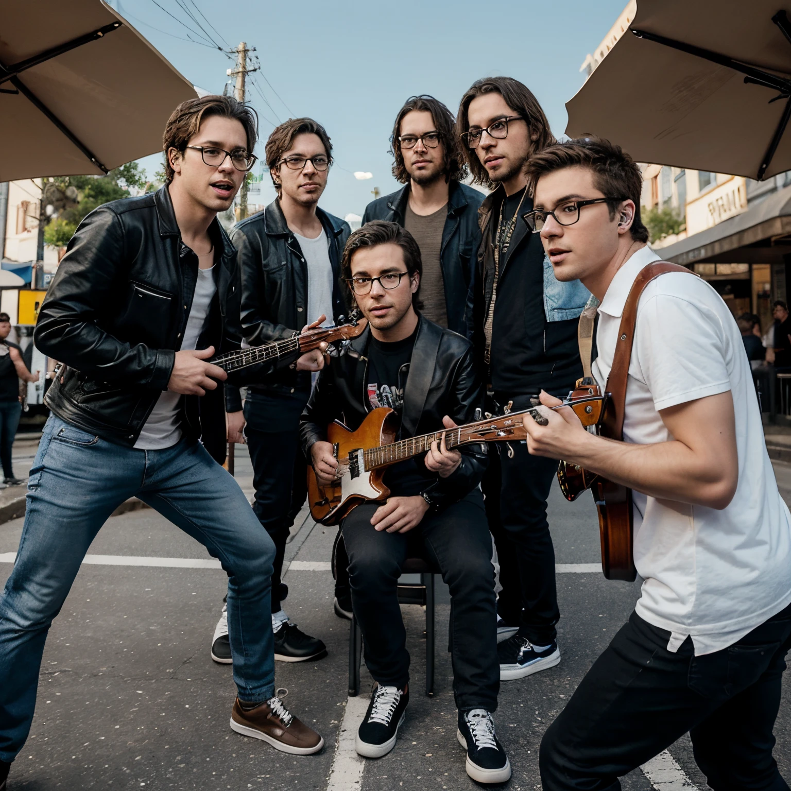 band poster of 3 male band mates. the lead singer wears glasses and is sitting in the front and center holding a guitar. his 2 band mates are standing behind him with blurry faces. one is holding a bass guitar and the other is holding drum sticks. the angle of the poster is from the ground up.