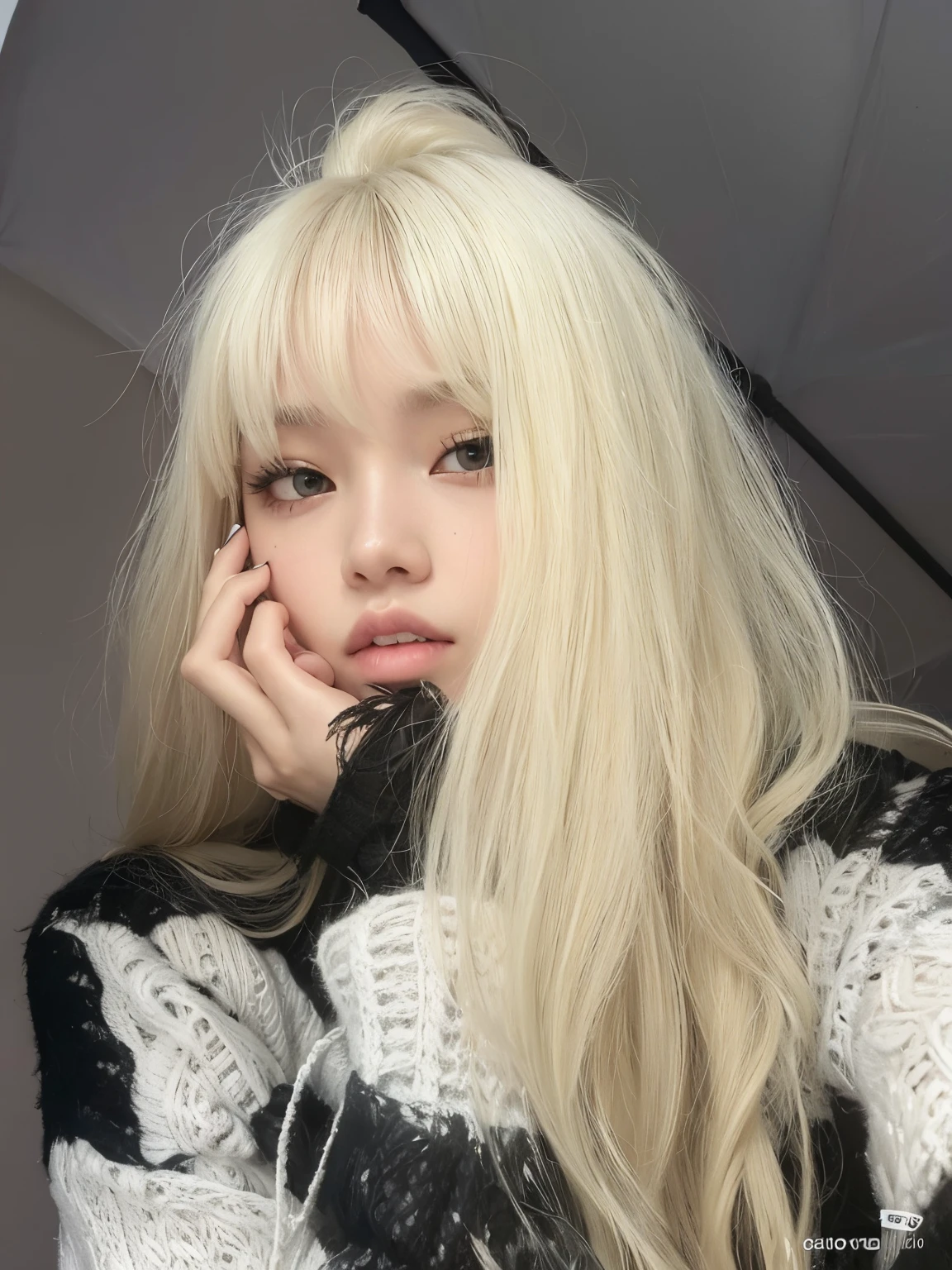 blonde woman with long hair and black and white sweater holding an umbrella, Lalisa Manobal, franja branca, Parque Roseanne do Blackpink, longos cabelos brancos e franja, her hair is white, Lalisa Manoban do Blackpink, cabelo whitebangs cabelo, com franja completa, very very pale blond hair, com franja, Retrato de Jossi de Blackpink, pale hair