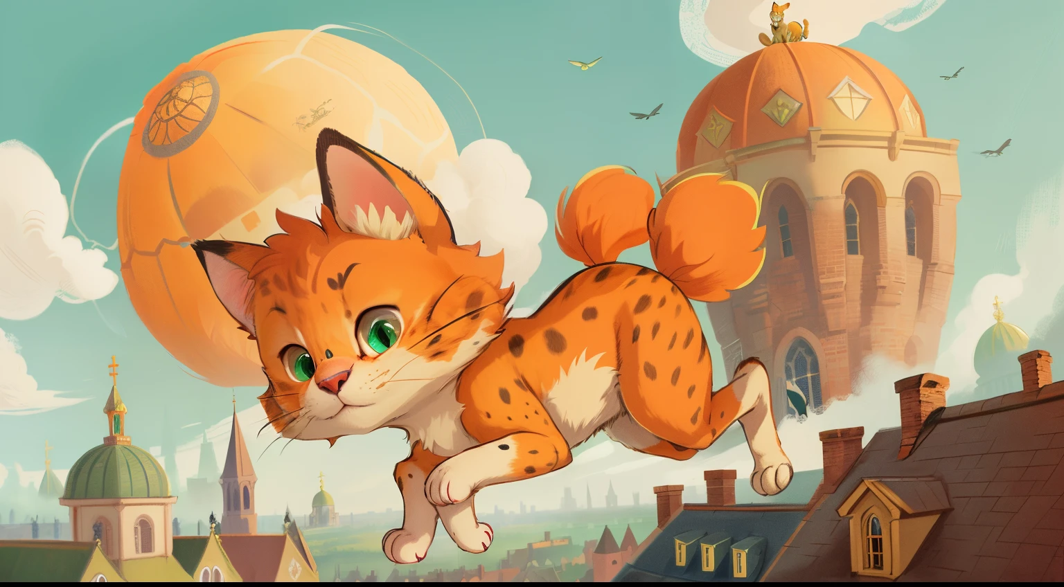 Disney-style cat, orange-spotted, green eyes, full figure, fluffy fur, hind legs on the ground, right front paw with long claws, cunning face, Jumps across the rooftops of the city, with a church featuring a large dome visible in the background.