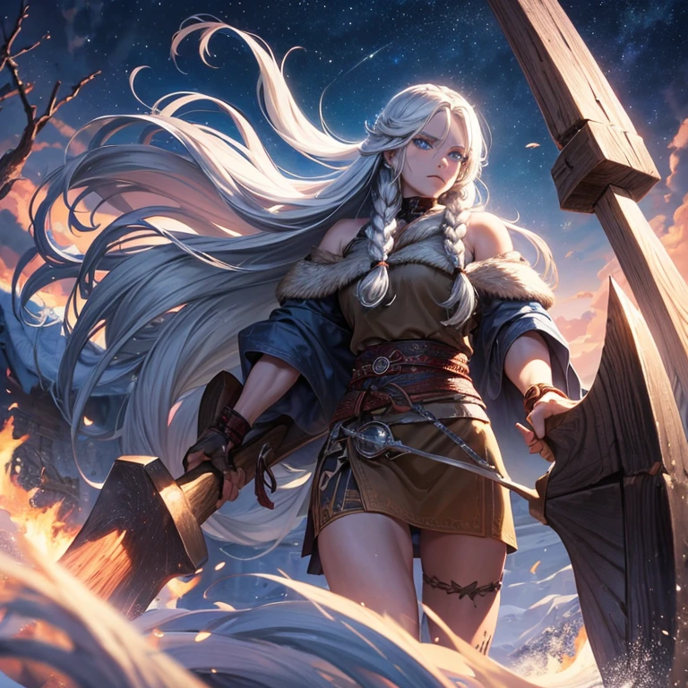 Create a tall and very strong Viking with long platinum hair with some braids big blue eyes carrying a large ax to collect firewood in Siberia