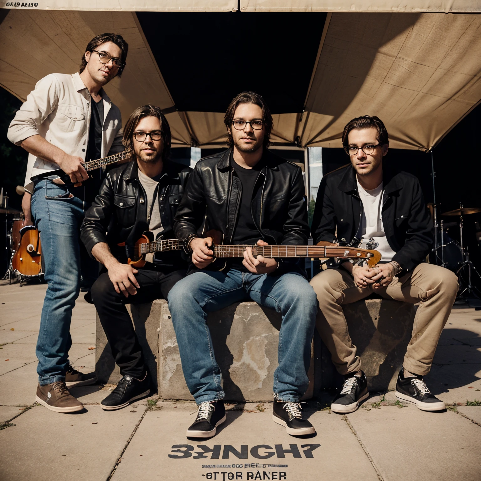 band poster of 3 men. the lead singer wears glasses and is sitting in the front and center holding a guitar. the man to his left is holding drum sticks. the man to his right is holding a bass guitar. the angle of the poster is from the ground up.