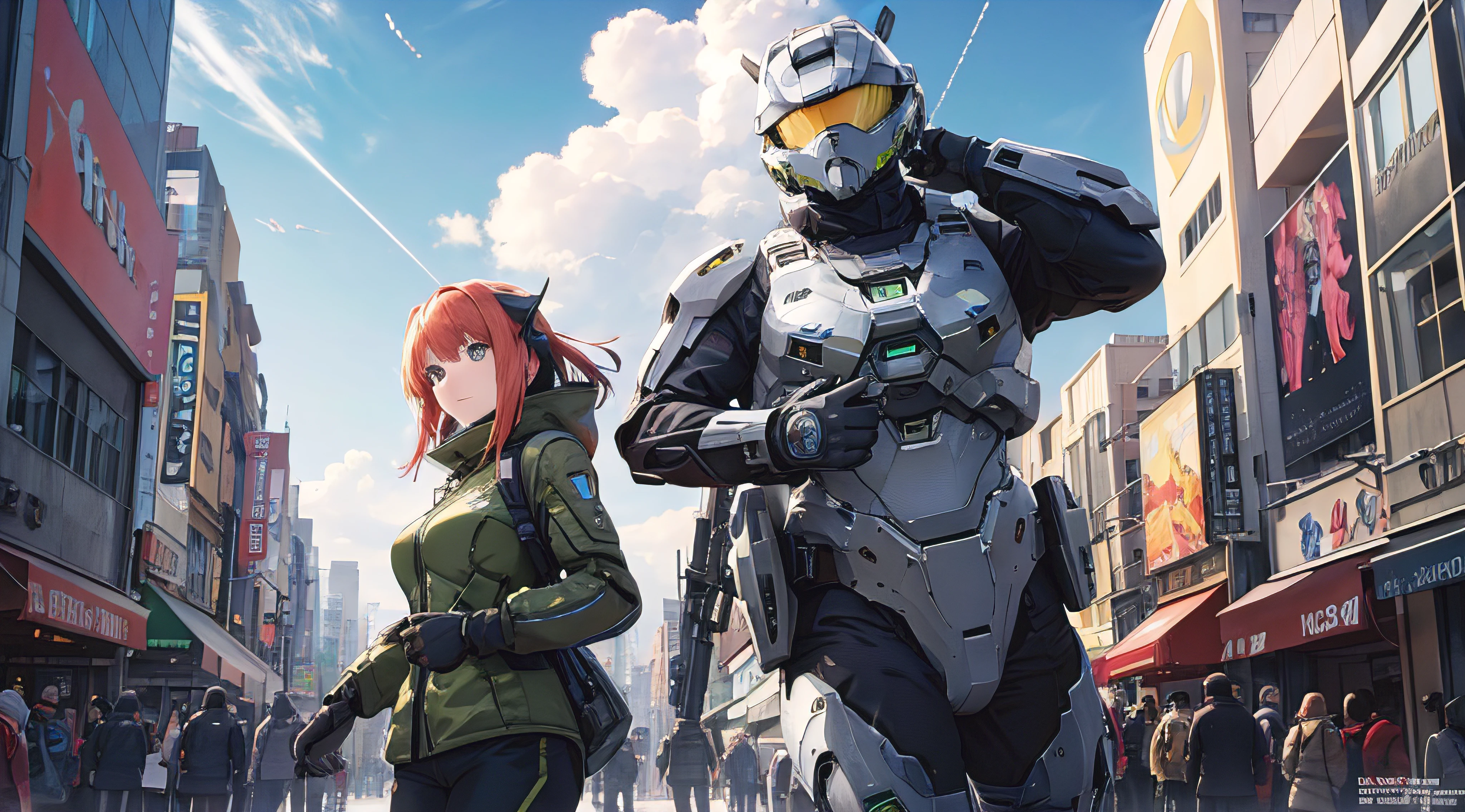 Nino Nakano,Pose sexy,armadura de halo infinite,ciudad destruida