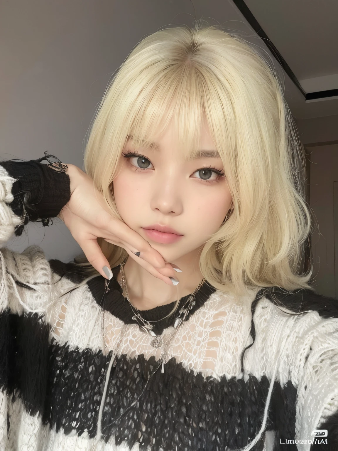 A closeup of a person with blond hair and a sweater, Lalisa Manobal, franja branca, cabelo whitebangs cabelo, longos cabelos brancos e franja, com franja completa, Parque Roseanne do Blackpink, Ulzzang, Lalisa Manoban do Blackpink, com franja, branco hime corte penteado, extremely pale blond hair, franja fofa