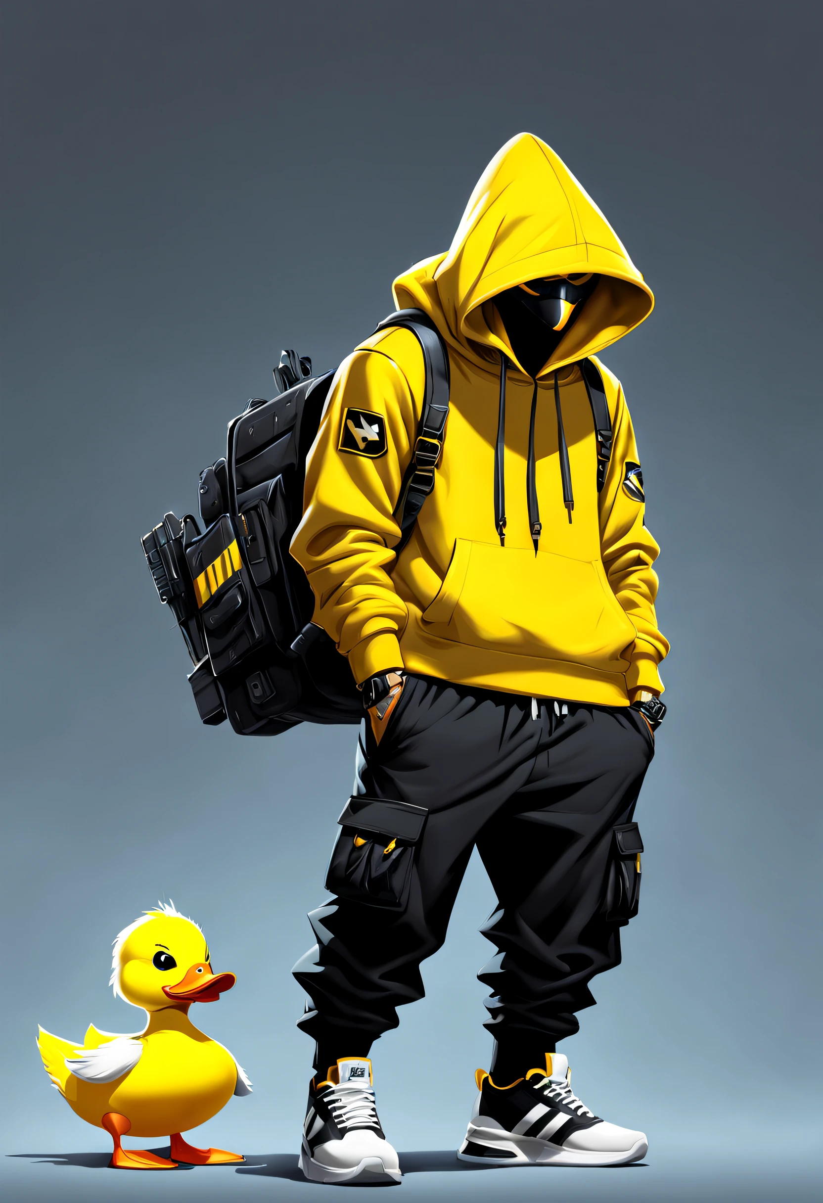 ONE YELLOW COLUR DUCK WEAKING A BLACK PLANE HOODIE LONG HEIGHT MAN CHRACTER WEARING SNEAKERS AND TROUSERS AND HAS A GUN