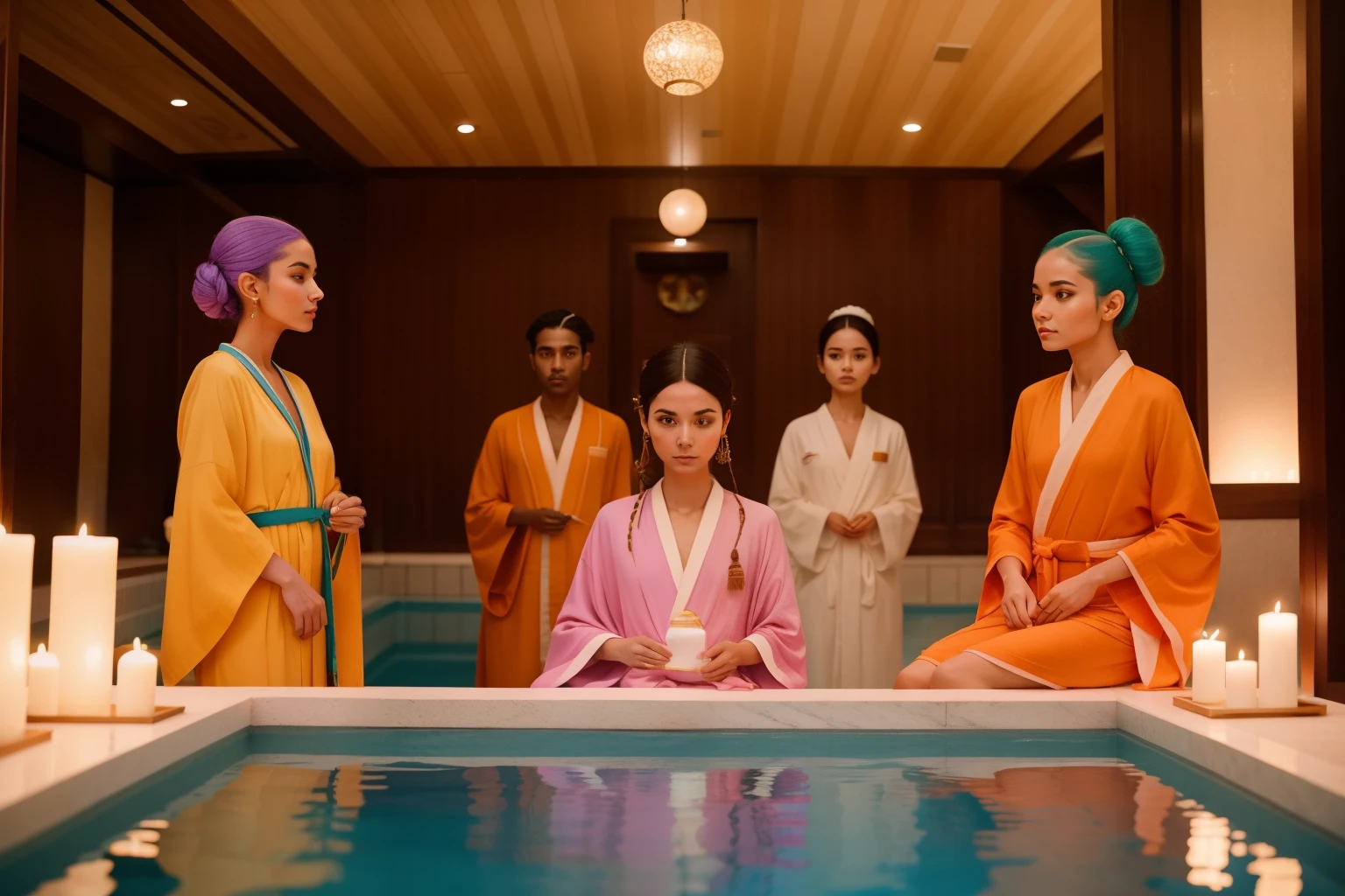 At an otherworldly Wes Anderson spa, guests with unique hairstyles and colorful robes partake in a rejuvenating ritual that promises to transport them to a dreamlike realm of relaxation.