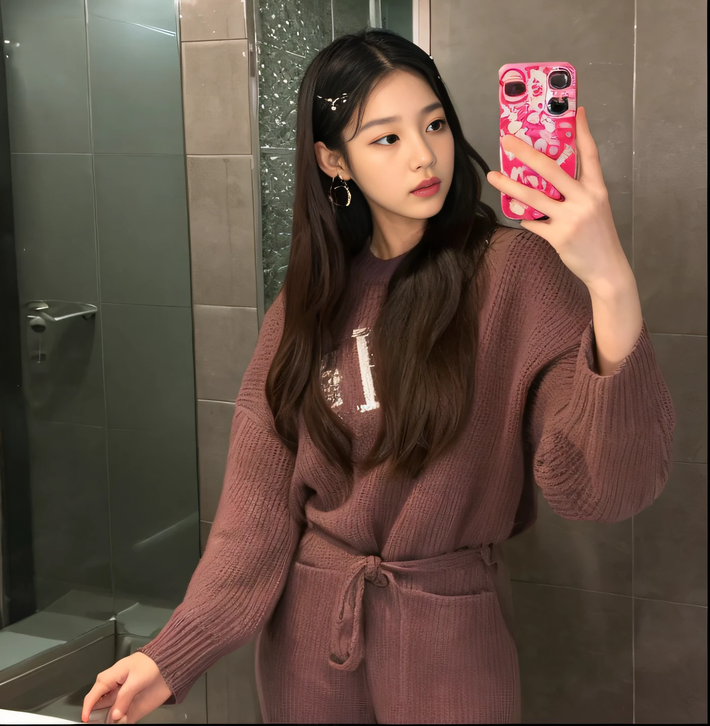korean woman taking a selfie in a bathroom mirror, white oversize sweater,ulzzang, bae suzy, profile pic, blackpink jennie, jaeyeon nam, roseanne park of blackpink, heonhwa choe, sha xi, gongbi, # oc, #oc, iu lee ji-eun as a super villain, 28-year-old girl, jinyoung shin