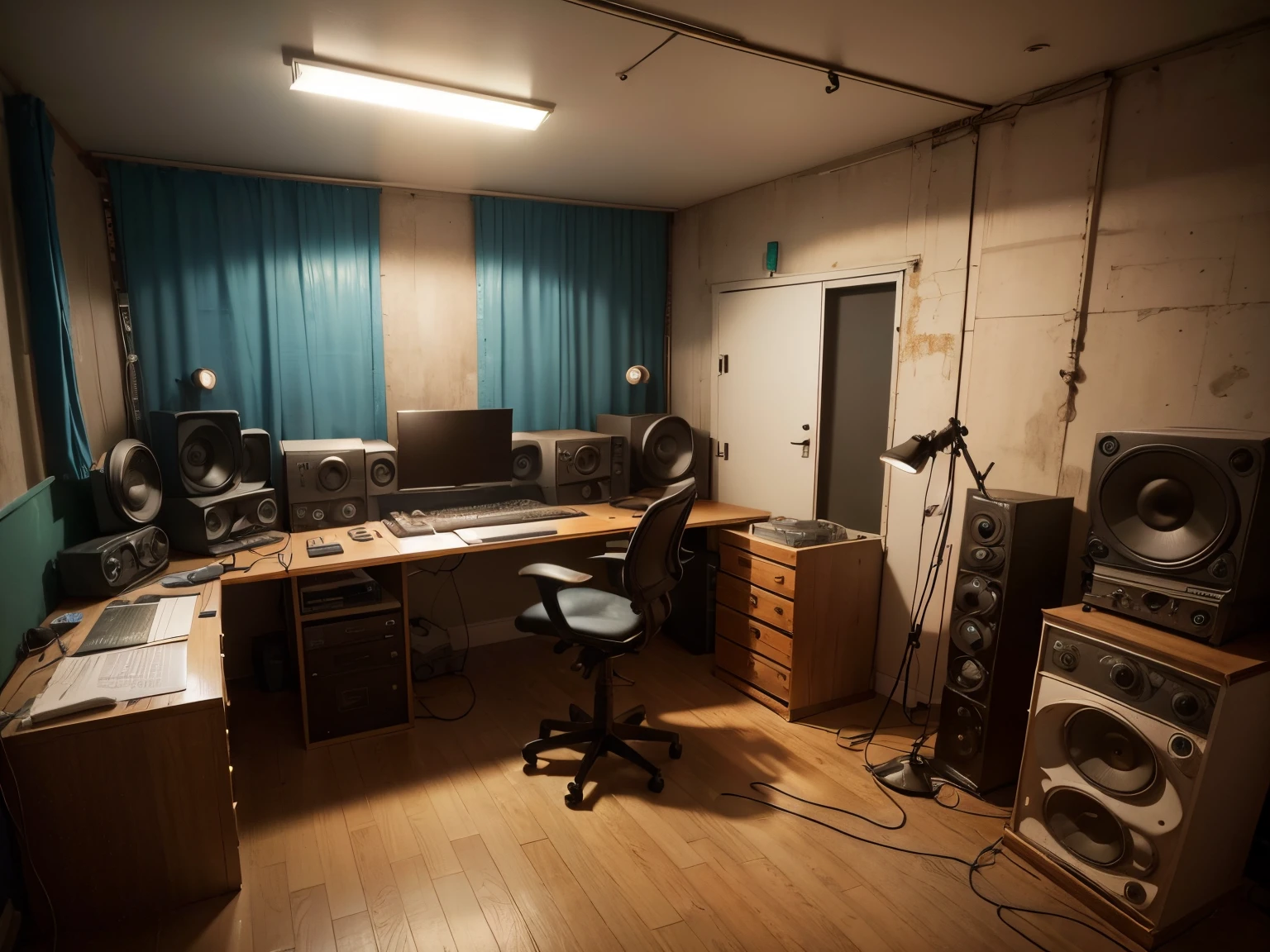 there is a room with a desk, falantes, e uma cadeira, Hyper-realistic lighting studio, Studio Room, cinematic studio shot, quarto fotorrealista, studio atmosphere, studio axis, Professional studio, Studio ambient lighting, in a dark studio room, studio backdrop, studio picture, studio setup, urban music studio, Featured Studio, inside a large studio, Realistic studio photo. Um homem sentado na cadeira.