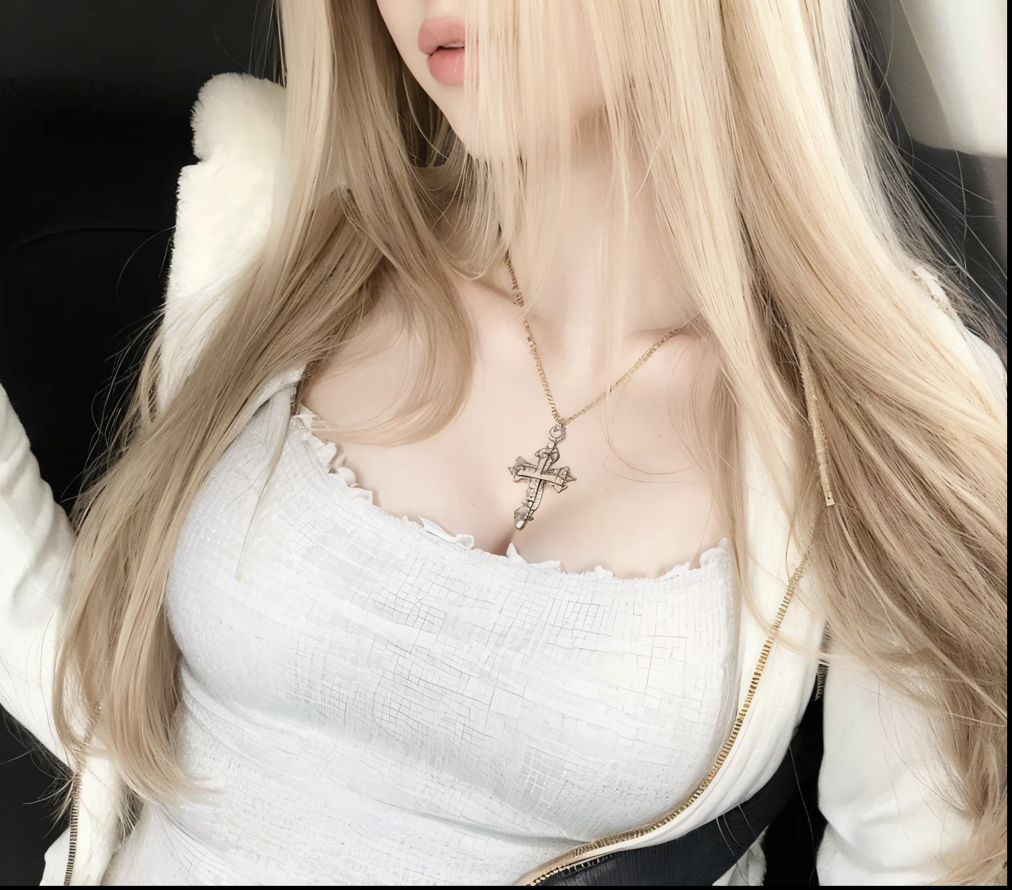 mulher loira com cabelo comprido usando um top branco e um colar de cruz, Amouranth, contas cruzam o peito nu, wears an egyptian ankh necklace, com cabelos longos e olhos penetrantes, com longos cabelos loiros, com cabelos longos brancos, extremely pale blond hair, very very pale blond hair, colar, extremely pale white skin, com longos cabelos brancos, clivagem