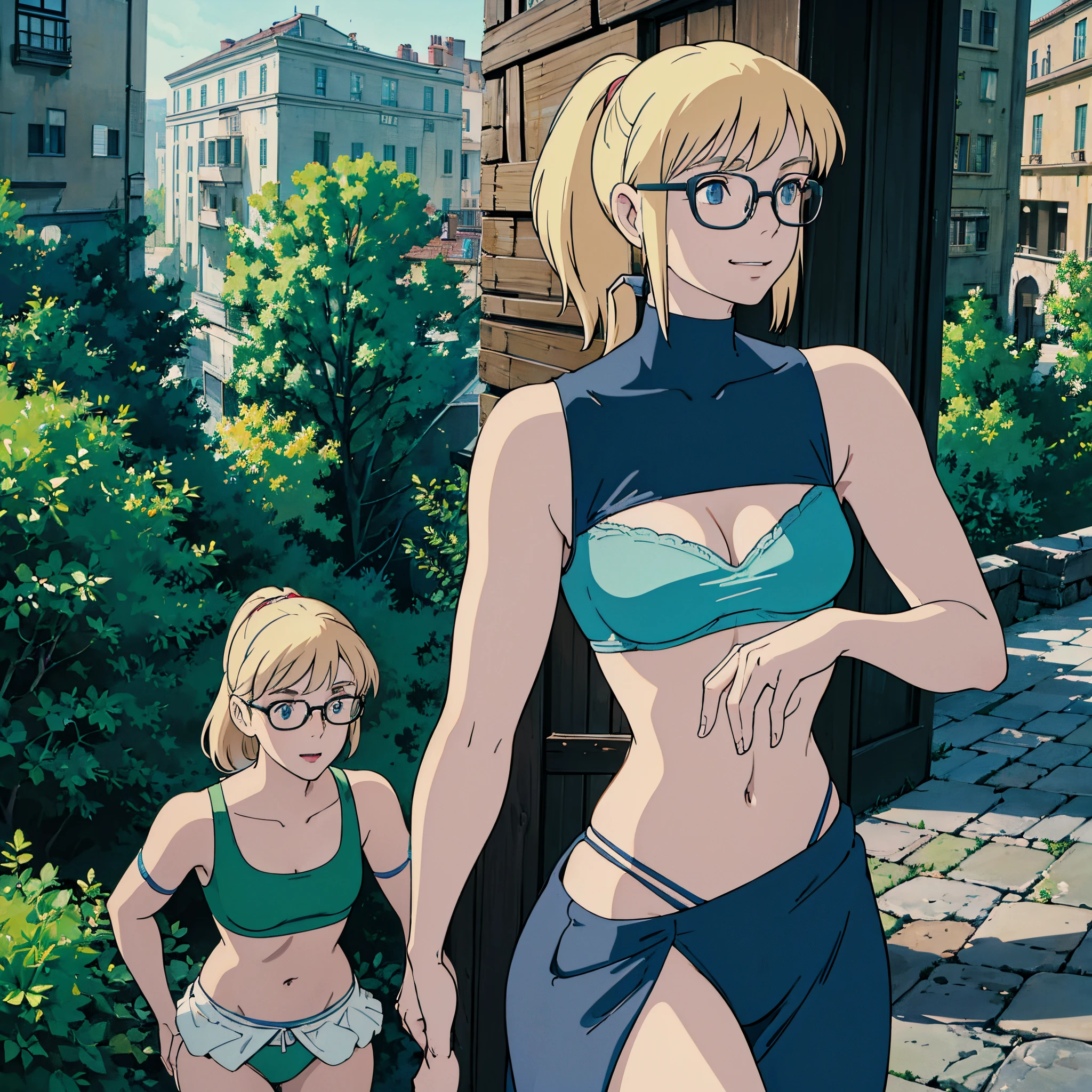 blonde woman with straight hair and bangs, wearing glasses, hair in a ponytail, 21 years old, no makeup, soft face, sweet smile, view from the side, small mouth closed, medium boobs, blue eyes, realistic photo, in street, high pov, looking down, green bra, cleavage, midriff, g string panties, thong panties,