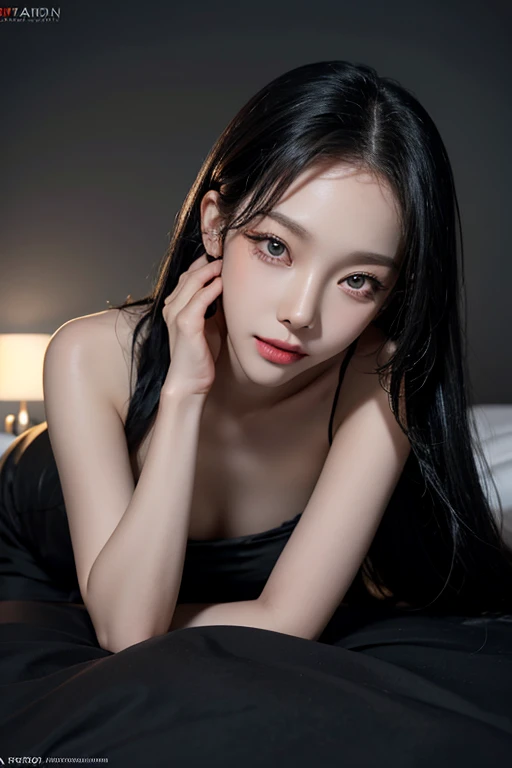 Aespa Karina with short black dress, lie down on the bed, breasts exposed , with sexy face, long black hair, grey bed colour, detail lighting, detail skin, ultra high res.photorealistic:.1.4,UHD