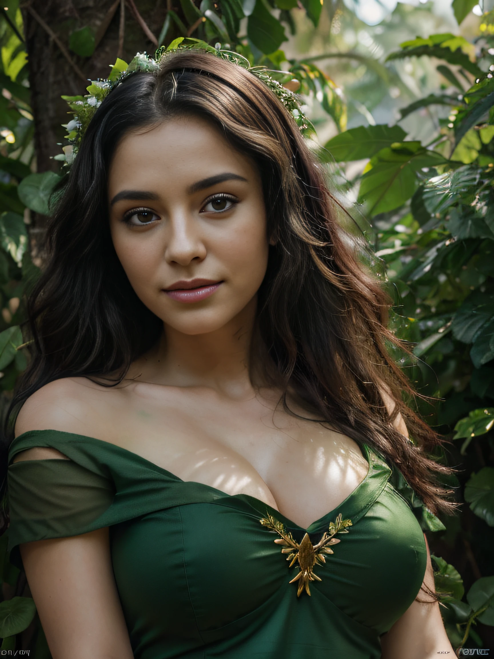 (young woman, 25-year-old:1.1), (wavy black hair:1.1), (big eyes:1.1), (black makeup:1.1), (dense jungle), (green goddess dress made of leafs), (ultra-big breast), (green dress), (green flowers crown), (green soul), (beautiful innocent smile), (best quality,4k,8k,highres,masterpiece:1.2), ultra-detailed, (realistic,photorealistic,photo-realistic:1.37), HDR, UHD, studio lighting, (portraits,concept artists), vibrant colors, (lush greenery), (bright sunlight)