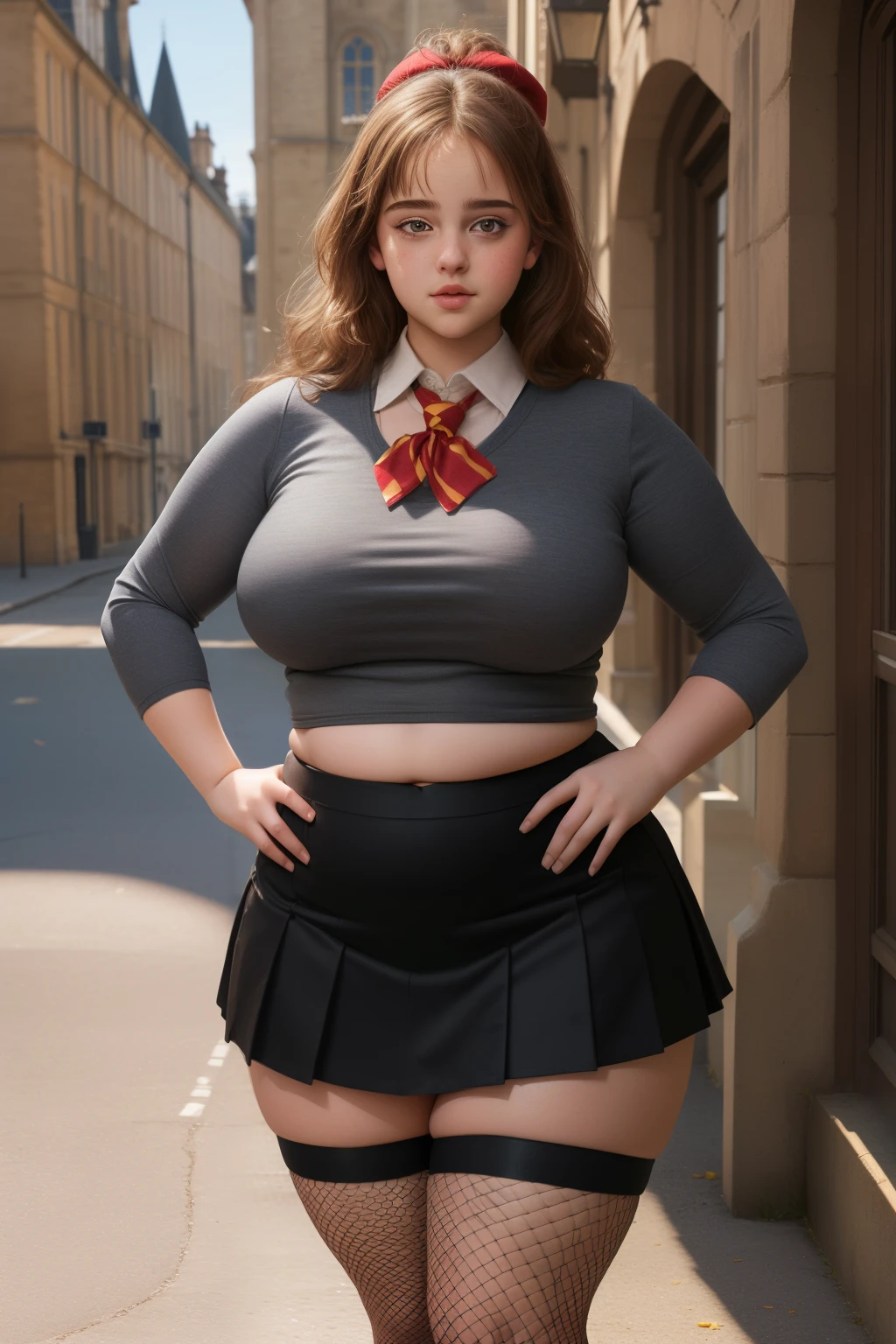 masterpiece, (photorealistic), (8k wallpaper) , (best quality), perfect quality, solo, (detailed eyes:0.9), girl, Ermione, curvy hair, eating donut, very young, face : (very young, European, thin face, very beautiful face, young). figure : (very full figure, very chubby, curvy, muffin top, love handles, extra thick, extra thicc, navel, very soft, fat hips,very thick, big breasts, sexy, sexy pose, fat thighs). clothes: ( black tight miniskirt, miniskirt don't cover her ass, tight school uniform, fishnet, red tights).