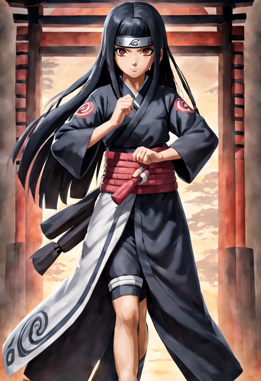 Hyuga prodigy, a -yeld kuchi with flowing black locks and mesmerizing Byakugan eyes, showcased in a full-body shot. Standing confidently before the majestic Konoha Academy, immerse the scene in the distinctive artistic style of the Naruto anime. Highlight every detail of her Hyuga clan attire, from the intricacies of her robe to the bandages on her arms, capturing the essence of tradition and strength