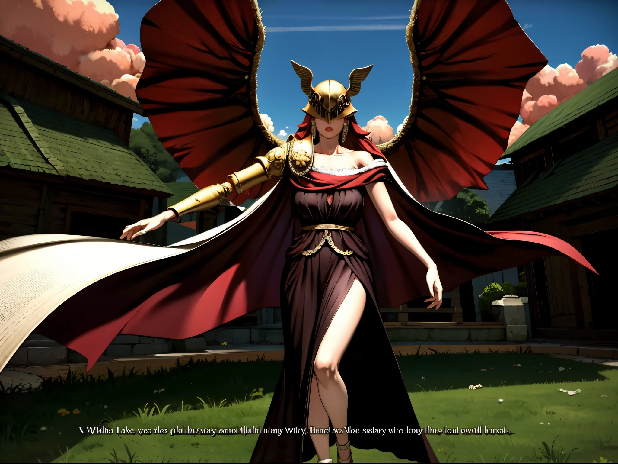 Highly detailed, High Quality, Masterpiece, beautiful, solo, 1girl, prothestic leg, single mechanical arm, prosthesis, MaleniaDef, armor, cape, helmet, brown dress, full body, All-Star_R Style, fake screenshot