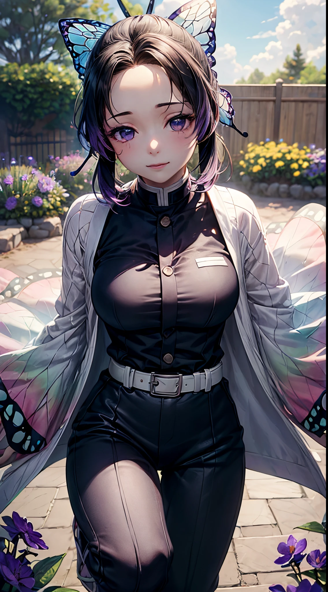 Ultra-realistic 8k CG,masterpiece,((ultra-detailed background, delicate pattern, intricate details)),best quality,very detailed face,extremely detailed eyes and face,extremely detailed eyes,kochou shinobu,multicolored hair,no bangs,hair intakes,purple eyes,forehead,black shirt,black pants,haori,butterfly,buttons,belt,(Garden:1.2),purple flower,chibi,cloudy sky,sunlight,Tindal effect,gradient_sky,face,Gorgeous sky,Waist Sabre,Charming posture,