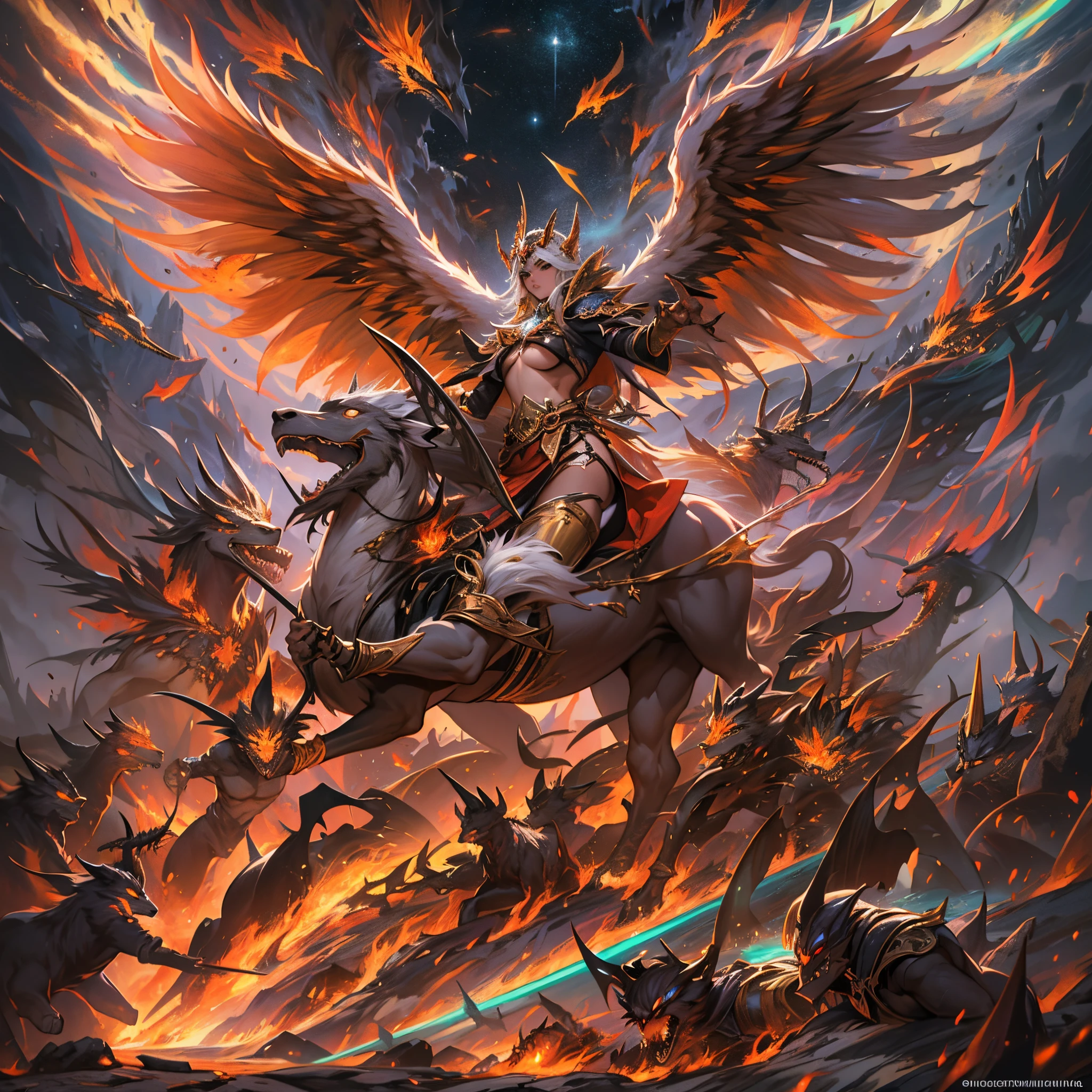 (La mejor calidad,Altas Resoluciones,Obra maestra:1.2),Ultra detallado,(realista:1.37),angelical,demoniaca,epic battle, Lucha intensa, Llamas ardientes, almas en conflicto, choque de poderes, celestial vs infernal, magical confrontation, fuerza inmensa, Aura divina, Oscuridad infernal, Luz celestial, Fierce determination, combate sobrenatural, Seres poderosos, Combustion intensity, Ethereal Beauty, Presencia siniestra, guerreros celestiales, Infierno ardiente, Alas radiantes, sombras ominosas, epic show of strength, mythical clash, lucha por el dominio, campo de batalla encantado, Fascinating show, Cosmic balance, Poderes de otro mundo, duelo impresionante, Un choque entre lo divino y lo infernal..
