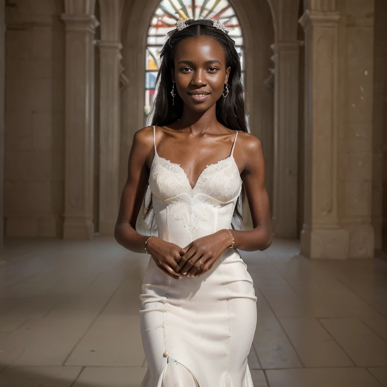 (masterpiece,best quality,ultra detailed,4k portrait:1.5), A young South Sudanese woman, slender body:1.5, thin breasts, thin waist, wearing a pure white opulent wedding dress, smiling, in a large and gorgeous church, in the presence of Jesus Christ.