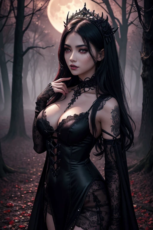 (best quality,4k,8k,highres,masterpiece:1.2),ultra-detailed,(realistic,photorealistic,photo-realistic:1.37),oriental gothic girl,beautiful detailed eyes,beautiful detailed lips,extremely detailed eyes and face,long eyelashes,gloomy expression,dark gothic attire,black lace dress,elaborate headdress,black choker,tattoos on her arms and neck,black thigh-high boots,standing in a mysterious foggy garden,decorated with eerie statues and twisted trees,full moon casting a haunting glow,crimson and black color scheme,evoking a sense of mystery and seduction,subtle yet dramatic lighting,creating deep shadows and highlights,splashes of red and purple lighting,adding an ethereal touch to the scene,emphasizing the girl's feminine features and gothic aesthetic.