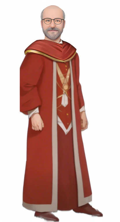 una caricatura de un hombre con una bata roja y gafas, picture of a male cleric, Arte Casimiro, Wearing red sorcerer's robes, Fully dressed in red robes, Edelgard de Fire Emblem, tela roja alrededor de sus hombros, Retrato de un hechicero rojo, red robe, ((wearing aristocrat robe)), Dressed in golden red royal robes