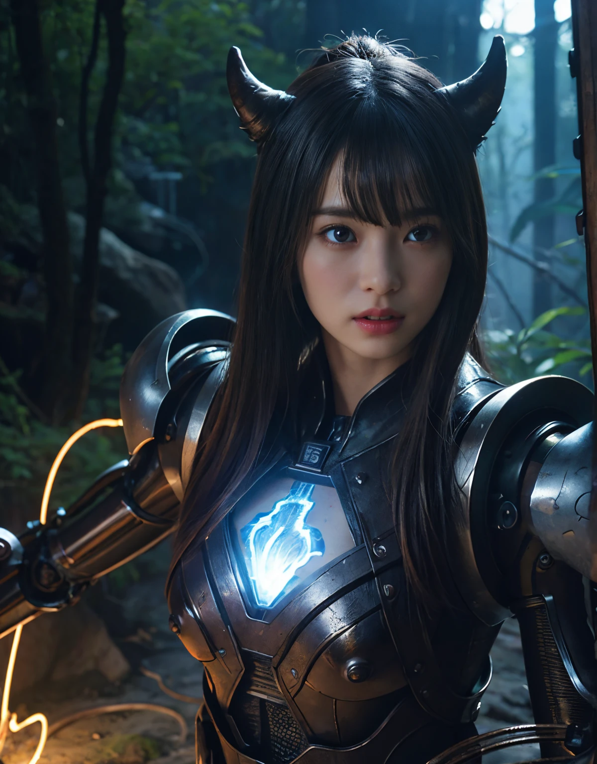 (1 Mechanical Girl)、(Mystical expression)、top-quality、masterpiece、超A high resolution、(Photorealsitic:1.4)、Raw photo、1人、Fight mutants、glowy skin、(((1 Mechanical Girl)))、(Red Metal Bodysuit)、(Fight goblings、ogre、Fierce battle with orcs),(Fight fiercely against aliens)、Fight fiercely、(beautiful forest background)、(Fighting Demonic Beasts)、(Small LED)、((super realistic details))、portlate、(Strong giant demon beast background),globalillumination、Shadow、octan render、8K、ultrasharp、Colossal tits、Raw skin is exposed in cleavage、red metal、Details of complex ornaments、Japan details、highly intricate detail、Realistic light、(Mystical expression),CGSoation Trends、Blue eyes、radiant eyes、Facing the camera、neon details、(Mechanical limbs)、(blood vessels connected to tubes)、(Wires and cables connecting to the head)、Small LED、,Mechanical thighs、Toostock、(Hands are also made of machines)、(Precipitous cliffs、fortress)、机器人、