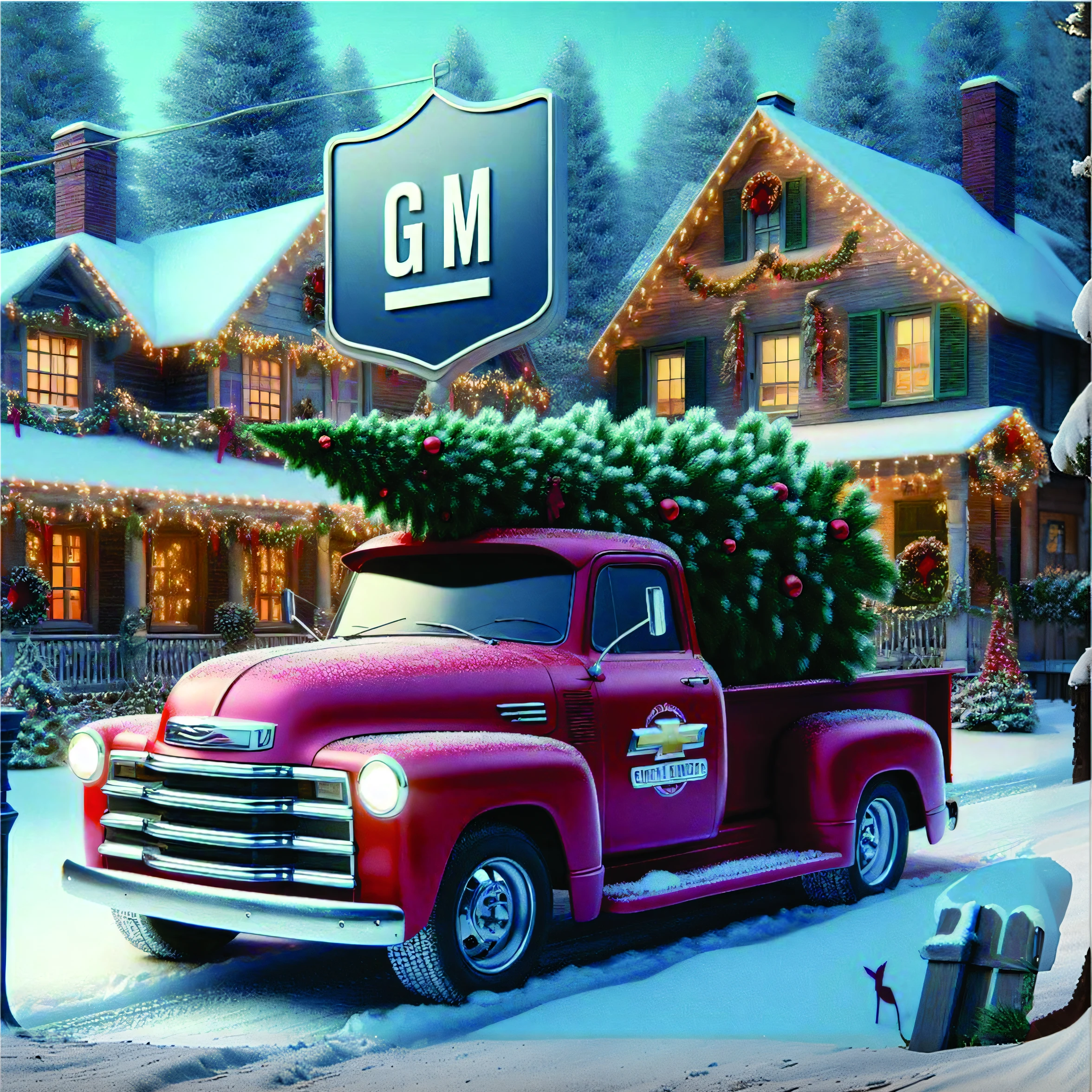 red spiked truck with christmas tree on bed of snow, tela do grande mestre, Directed by: Scott Gustafson, gm, - g, Directed by: Randy Gallegos, commercial illustration, Directed by: Patrick Brown, Arte Promocional, mid closeup, full-colour illustration, Arte Promocional, illustration!, ( ( Thomas Kinkade ) ), Directed by: Gavin Nolan, m, by senior artist, Directed by: Glen Angus
