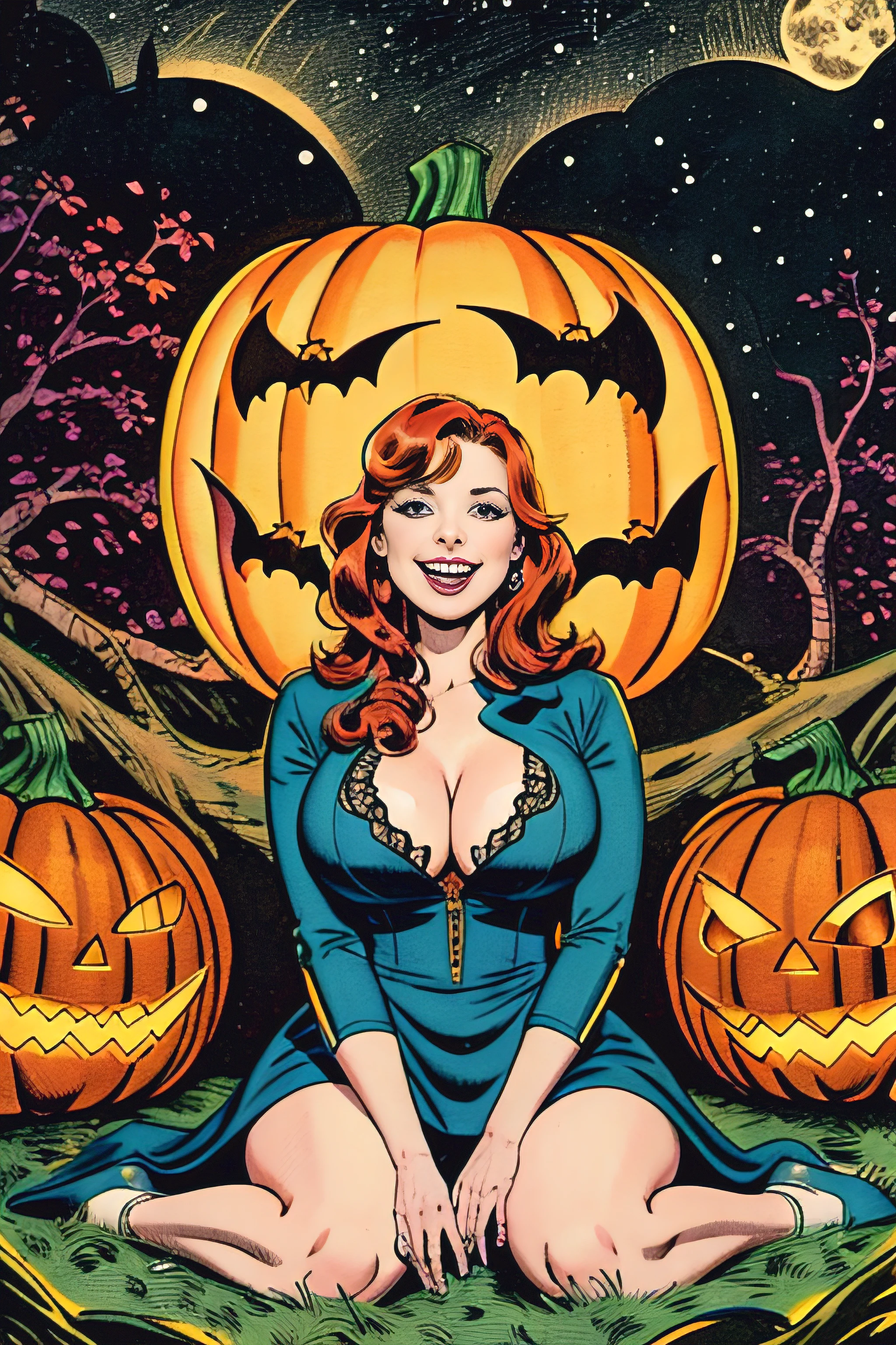 Masterpiece, best quality, hi res, 8k, hi res, 8k, award winning , (sharp focus, intricate, highly detailed) kirbywood, drawing of a sexy ginger woman surrounded by bats sitting in a pumpkin patch at night, grinning, vintage color comics