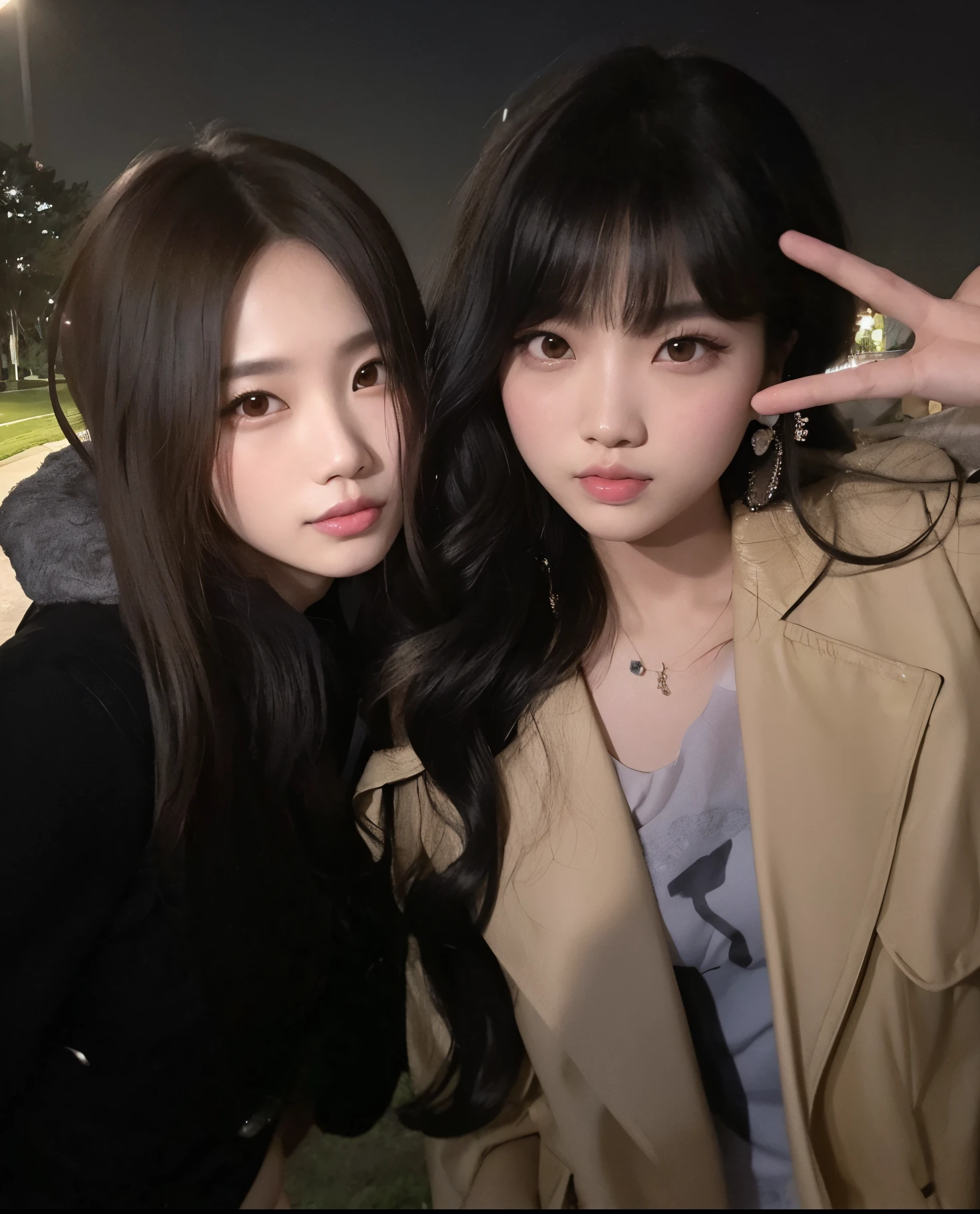 two Asian women posing for a photo in a park at night, Ulzzang, Nixeu e Sakimichan, Jinyoung Canela, com preto, pixivs e junji ito, jossi do blackpink, Bae Suzy, Lalisa Manobal, Jaeyeon Nam, com hera, Jisoo do Blackpink, Ela tem cabelo preto com franja