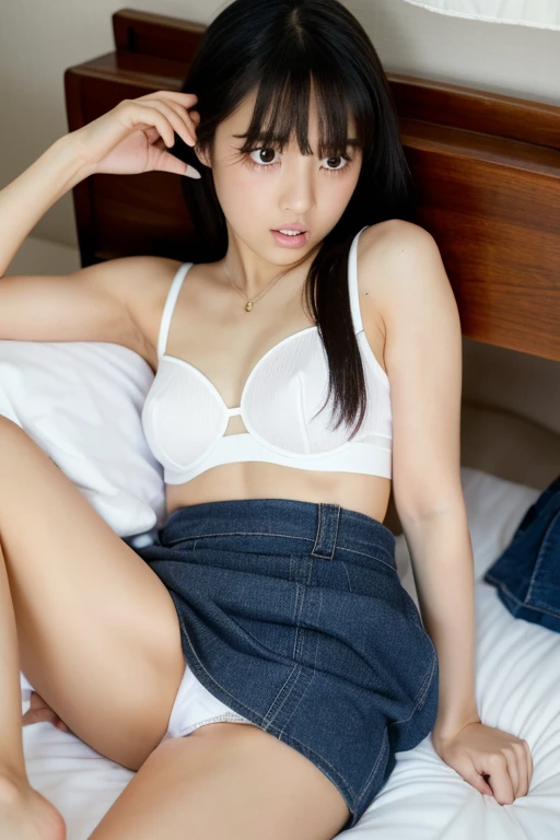 An ultra-high picture quality、Perfect Photo、11 year old beautiful girl、Japan beautiful girl、Elementary school girls、light skinned、slender、Black Haired Beautiful Girl、Beautuful Women、(Underdeveloped midthorax)、(tiny chest)、(Lying on his back on the bed)、Nokezoru、With bangs、(Denim Mini Skirt)、Raised mini skirt、poneyTail、((rampage))、((It hurts a lot))、((Shedding tears))、(hate)、(Painful)、(closed eye)、(Kicking with your feet)、(raise her legs)、(resist)、(Close your eyes in fear)、(Open mouth)、(Resist fiercely)、sports hair、Straight hair、glares、semi long hair、(Teary-eyed)、girl's own room、thighs thighs thighs thighs、(((White panties are visible)))、(I can see a little bit of underwear)、kne、ankle、