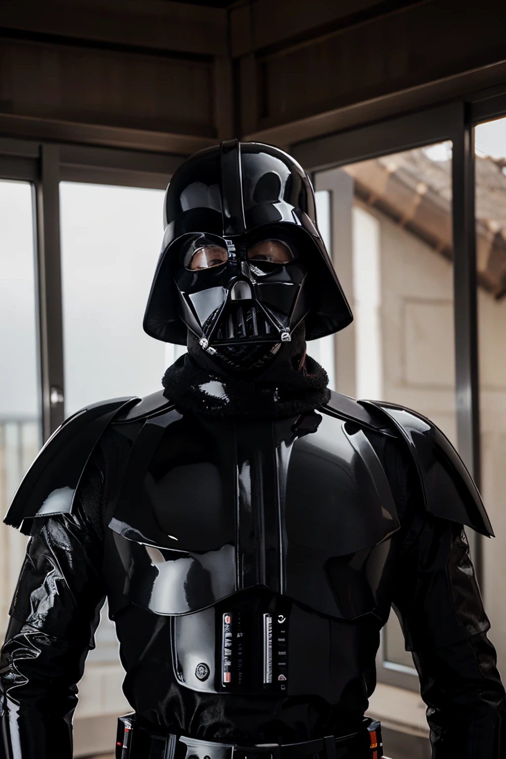 Vader encara seu reflexo fragmentado: metade armadura, metade carne desfigurada. Dualidade eterna do Lado Negro. sem a mascara