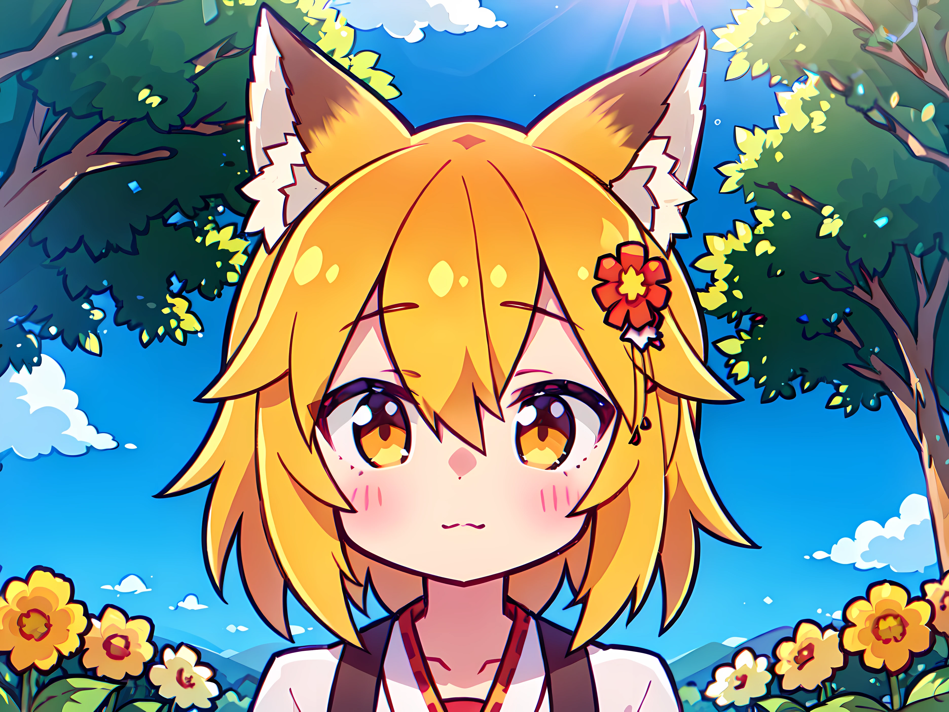 A girl, Fox ears, field, Orange flowers. Super detailed, Detailed ears, Detail Eyes, Girls 4K, Detailed flowers, beautiful clouds, detailed blocks, Beautiful trees, trees in the background, Detailed trees, Girl close-up, body