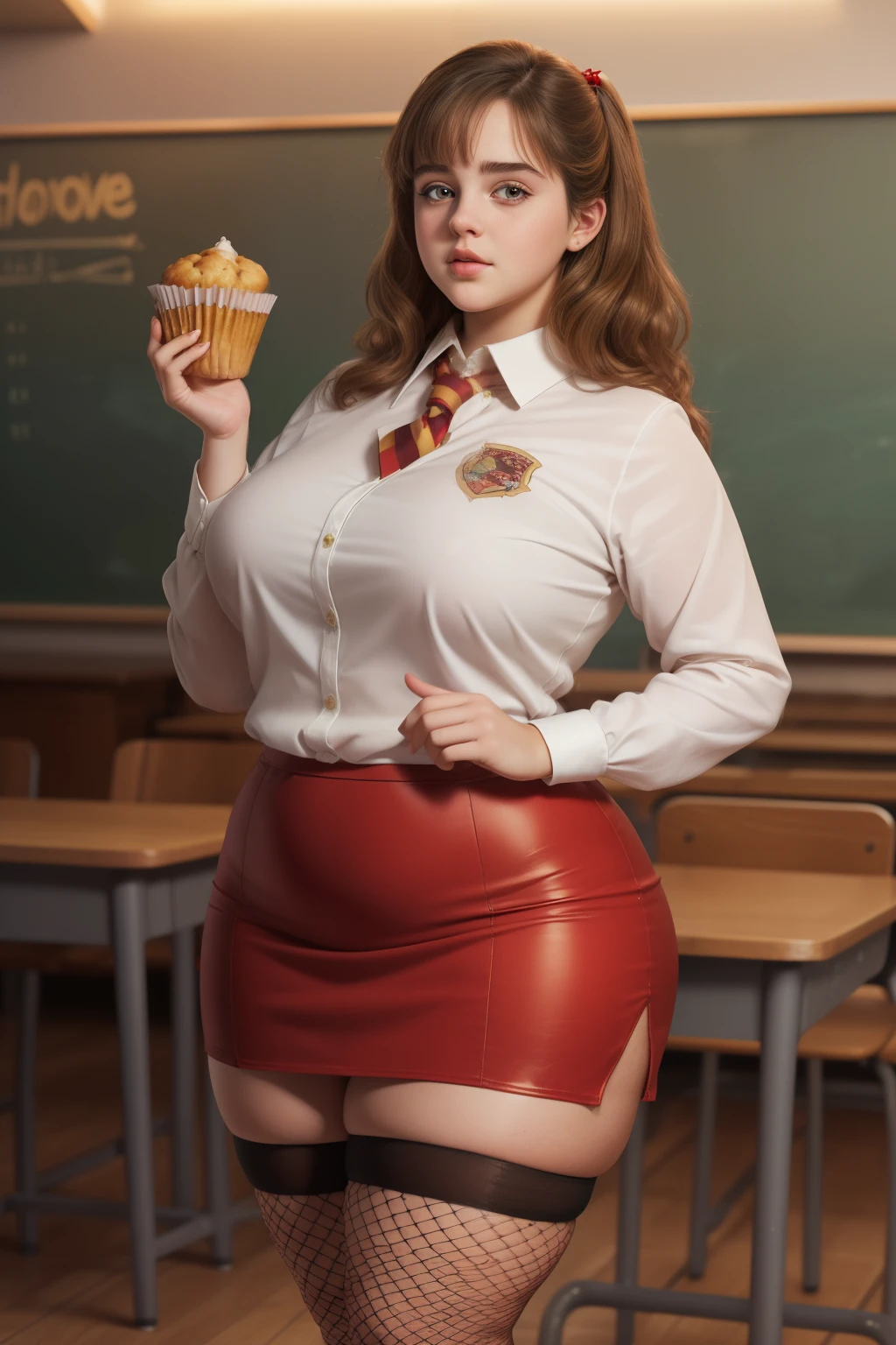 masterpiece, (photorealistic), (8k wallpaper) , (best quality), perfect quality, solo, (detailed eyes:0.9), girl, Ermione, curvy hair, eating donut, very young, face : (very young, European, thin face, very beautiful face, young). figure : (very full figure, very chubby, curvy, muffin top, love handles, extra thick, extra thicc, navel, very soft, fat hips,very thick, big breasts, sexy, sexy pose, fat thighs). clothes: ( black tight miniskirt, tight school uniform, fishnet, red tights).