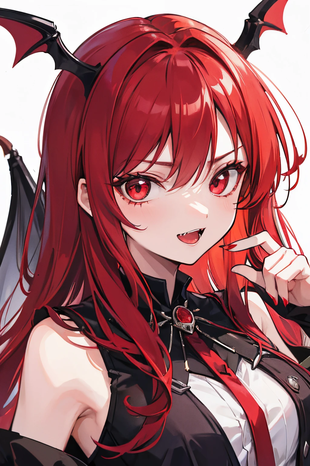 A vampire girl of 20 in red hair , showing his small fangs