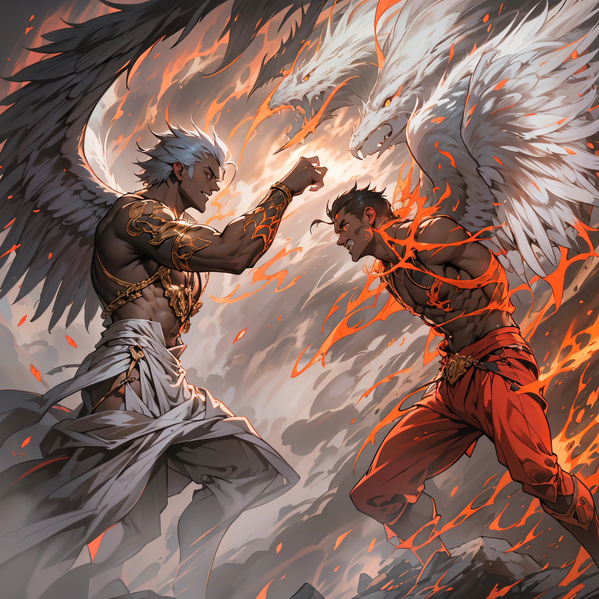 Angel vs demonio,pulso de fuego,lucha de brazos,prueba de fuerza,el cielo vs el infierno,lucha maganime,alas de agel blancas,alas de murcielago negras,neves blancas vs cielo rojo,